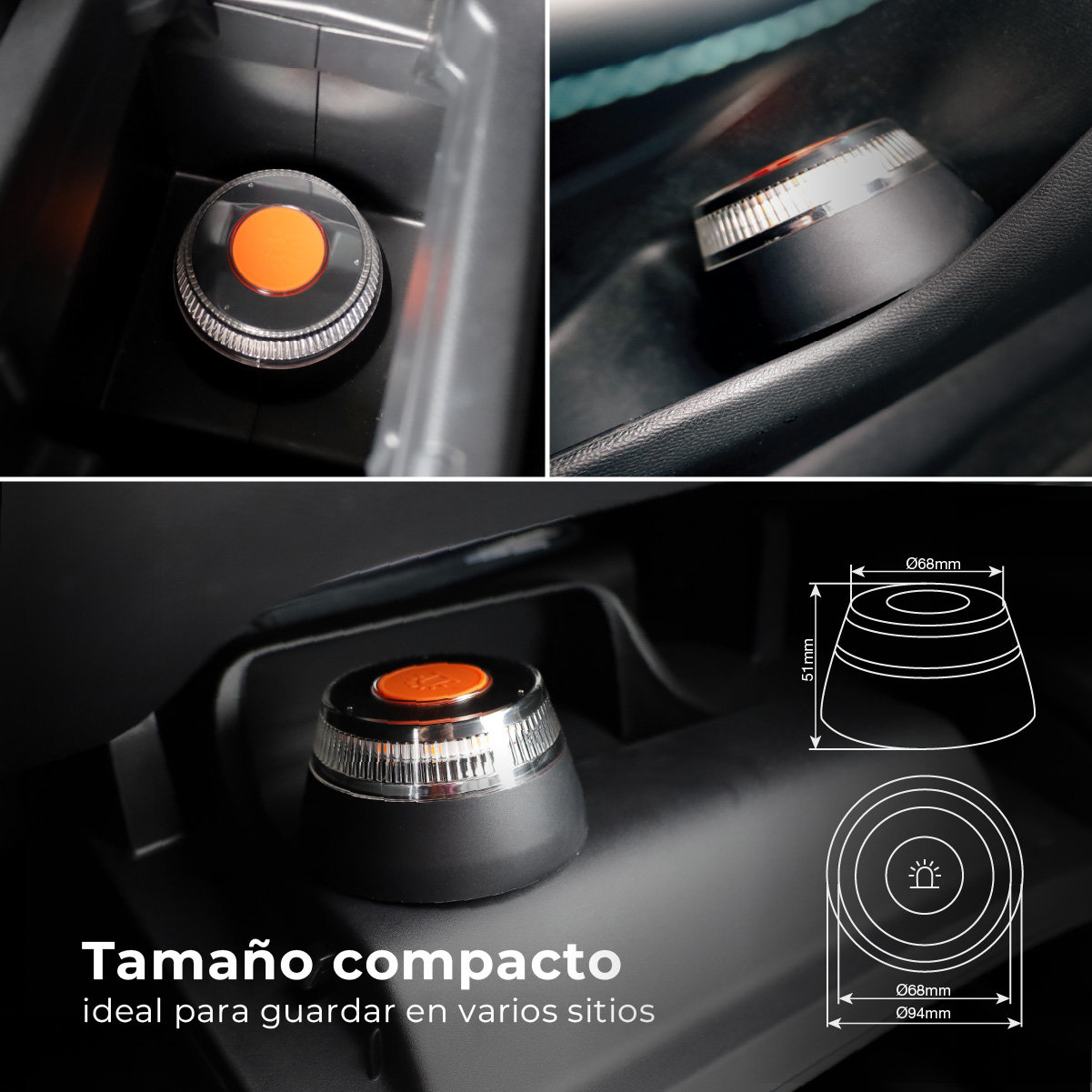 Luz de emergencia para coche. Botón naranja, base negra. Diagramas muestran dimensiones.