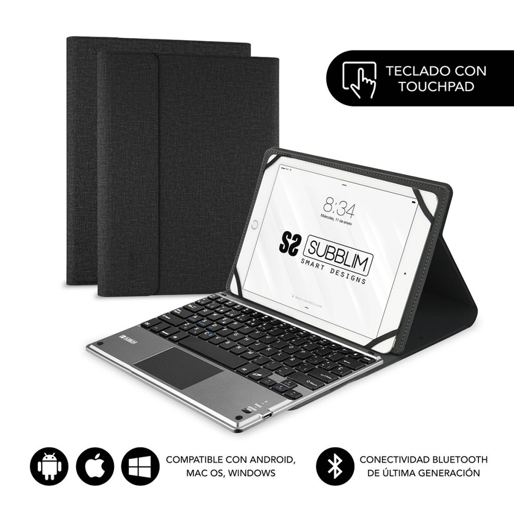 Tableta con funda de teclado que muestra la hora 8:34 y una cubierta gris oscuro en el fondo.