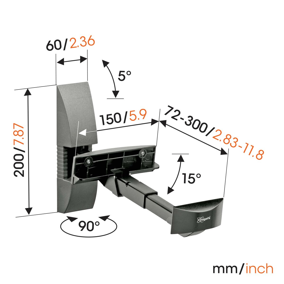 Soporte de altavoz negro. Se muestran dimensiones y ángulos, con medidas en mm/pulgadas.