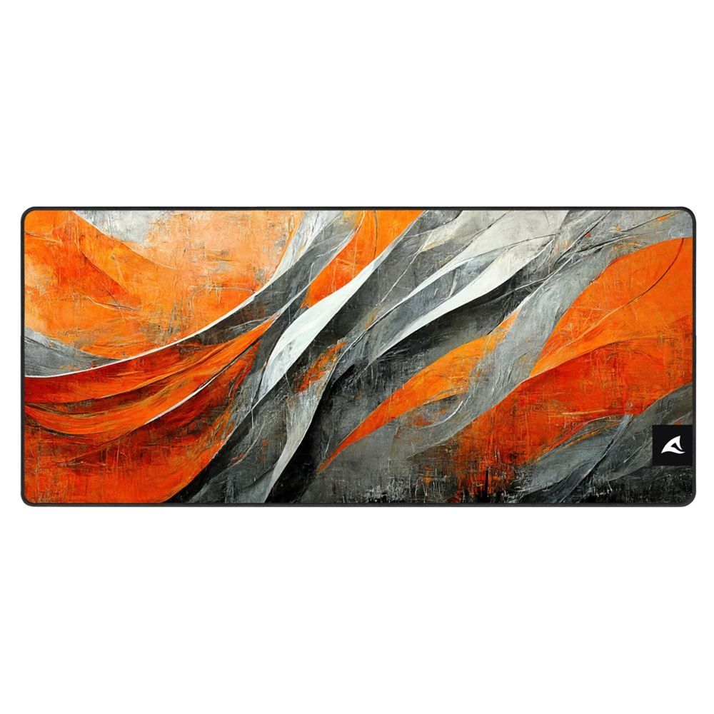 Tapis de souris avec un design abstrait d'ondes orange et grises sur fond noir.