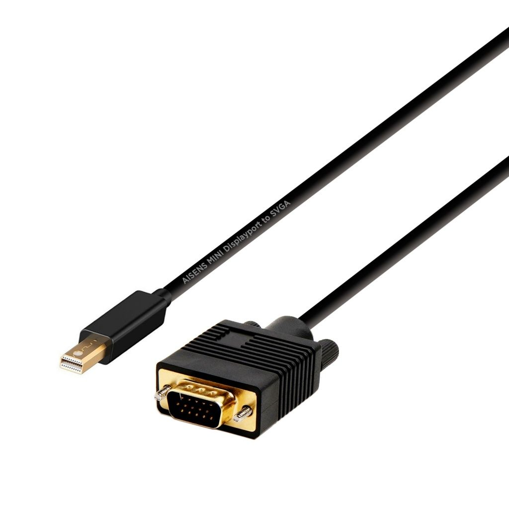 Cable Mini DisplayPort a SVGA. Cable negro, conectores negros, pines dorados, texto blanco.
