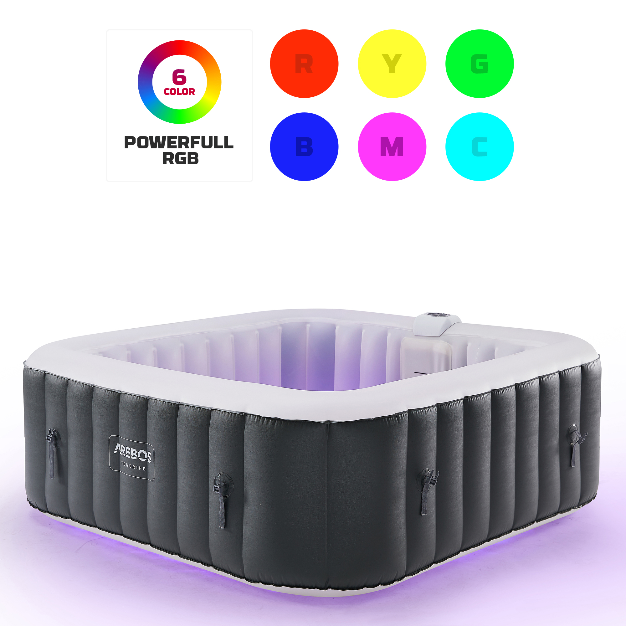 Ein quadratischer Whirlpool mit farbigen Lichtern und einem 'POWERFULL RGB' Logo.