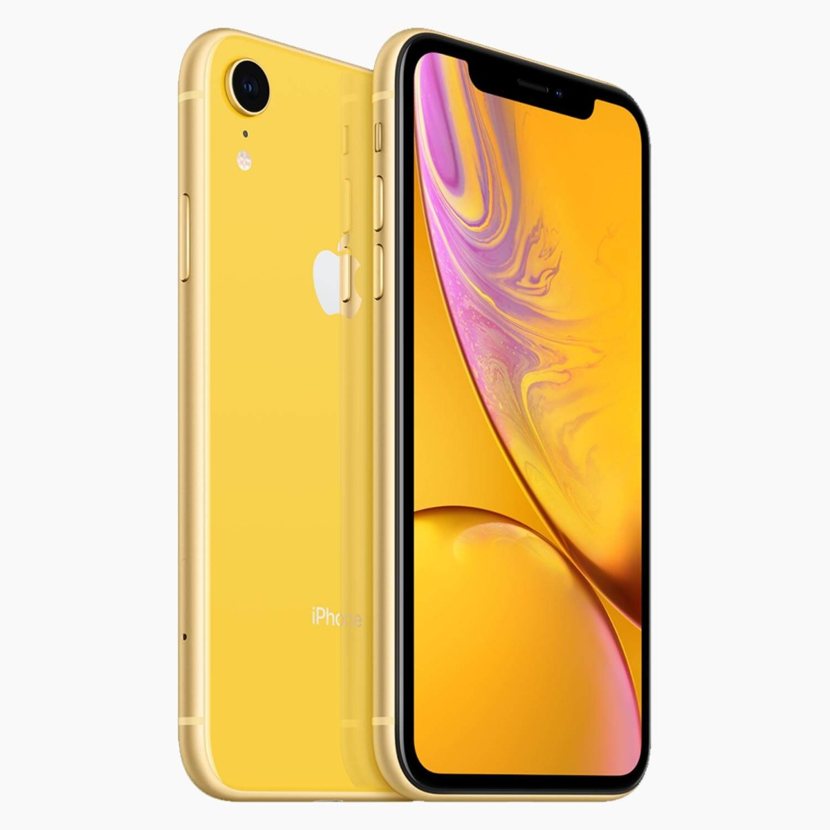 Twee gele iPhones, één met het scherm en de andere de achterkant.