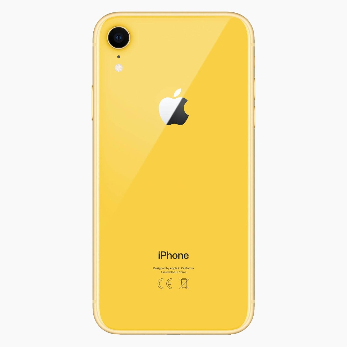 Gele iPhone XR achterkant. Het heeft een camera en het Apple-logo. De achtergrond is wit.