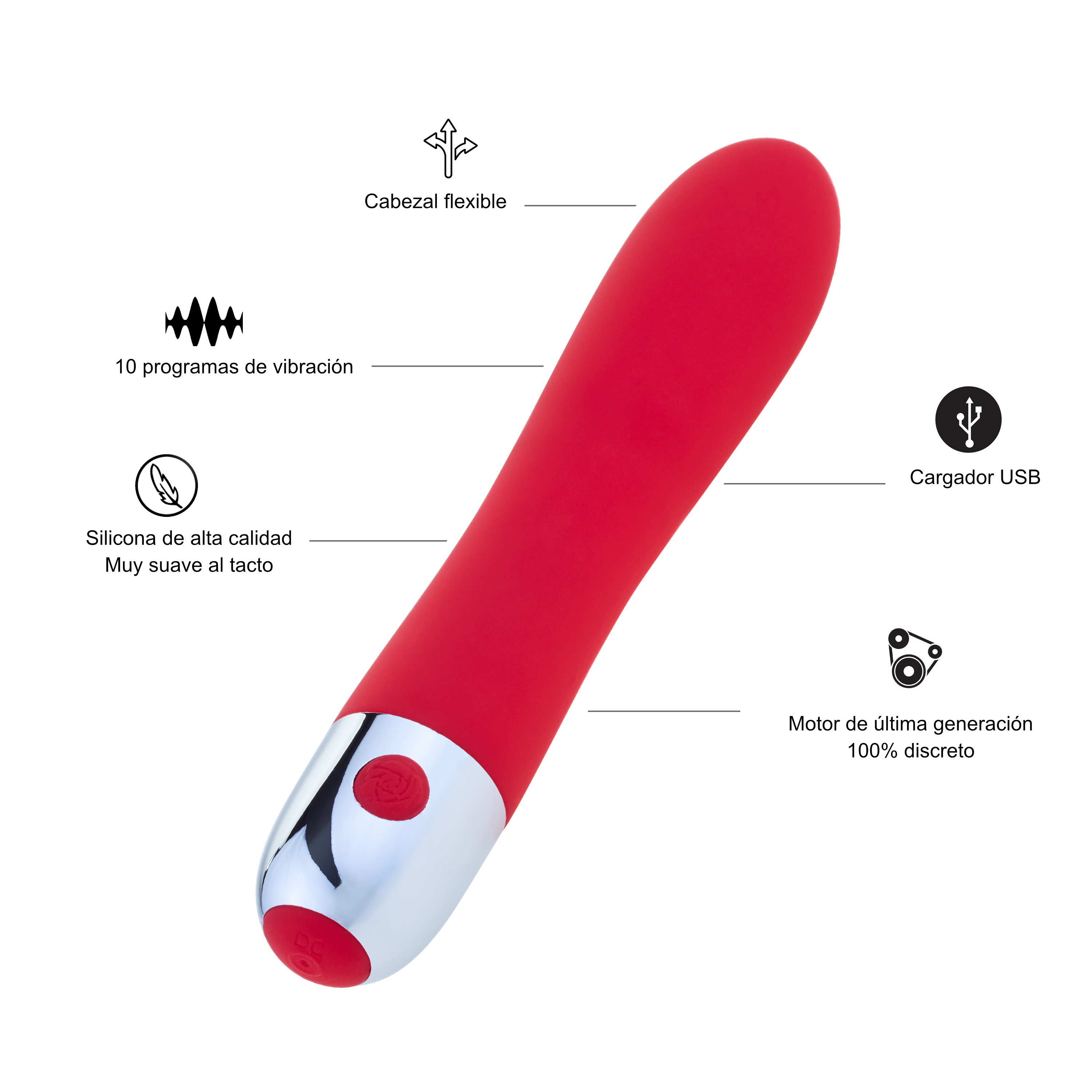 Se muestra un vibrador rojo con detalles plateados sobre un fondo blanco con especificaciones y características etiquetadas a su alrededor.
