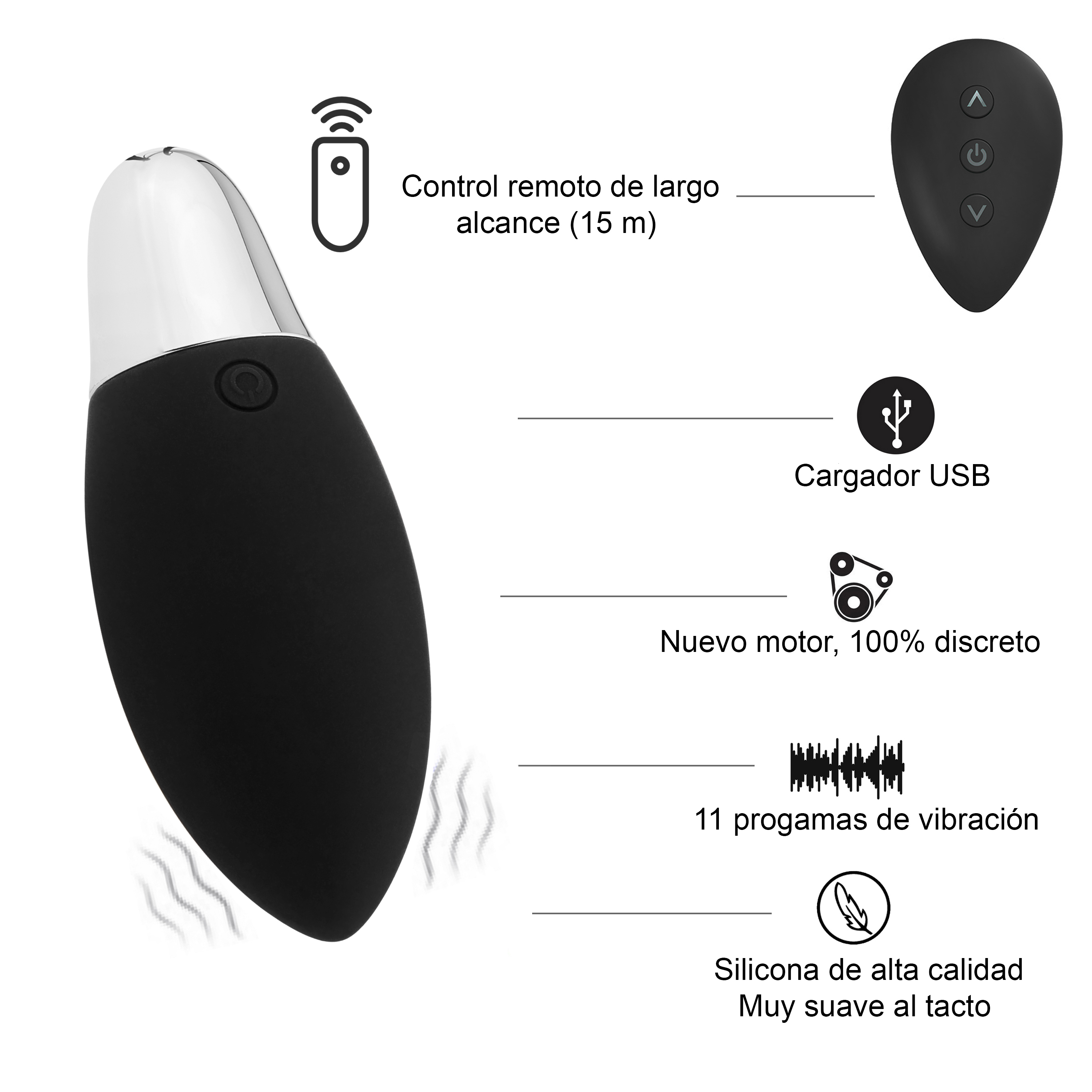 Vibrador negro y control remoto sobre blanco, con especificaciones y características etiquetadas, incluido el control remoto y la carga USB.