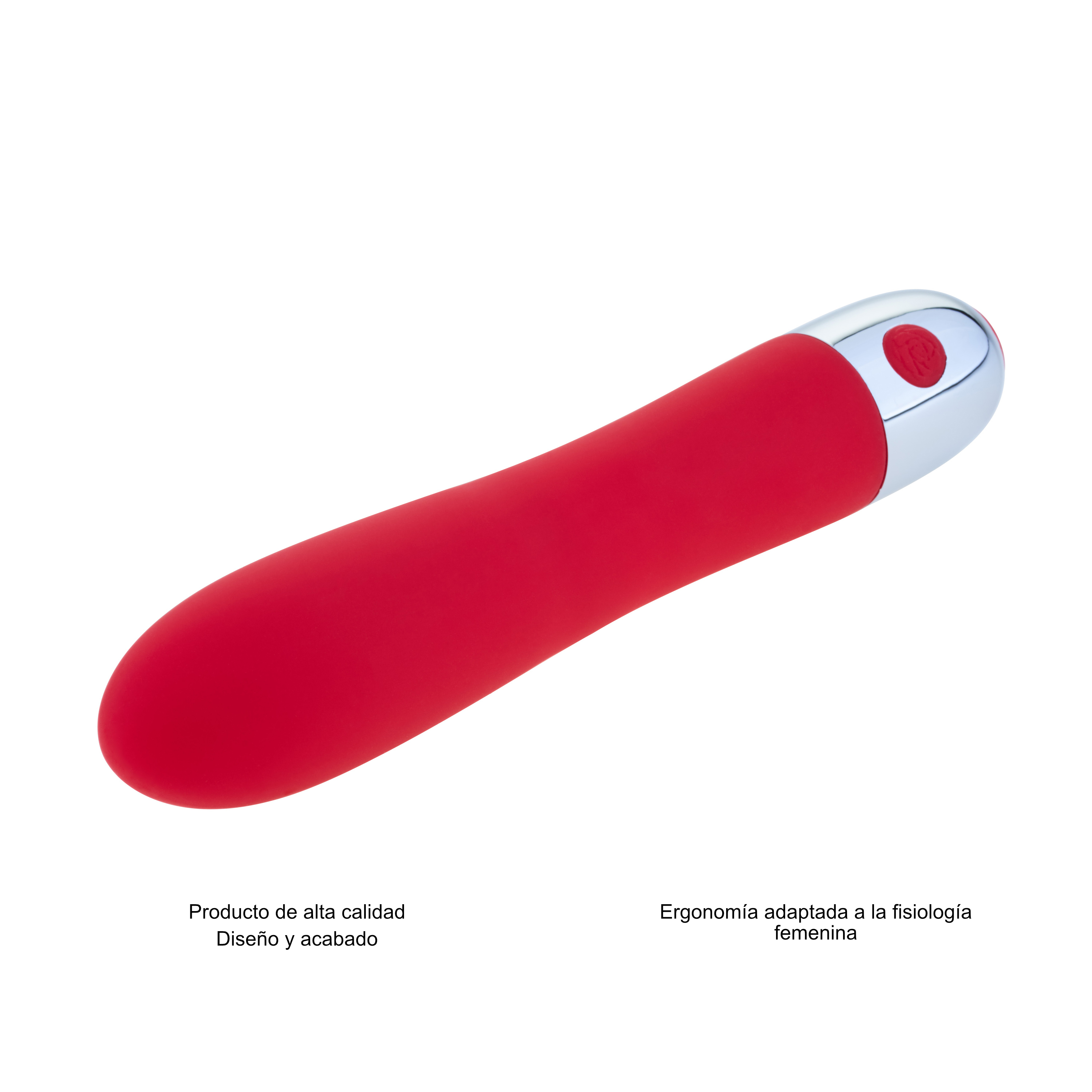 Vibrador rojo con punta plateada sobre un fondo blanco con etiquetas que describen el diseño y la ergonomía.