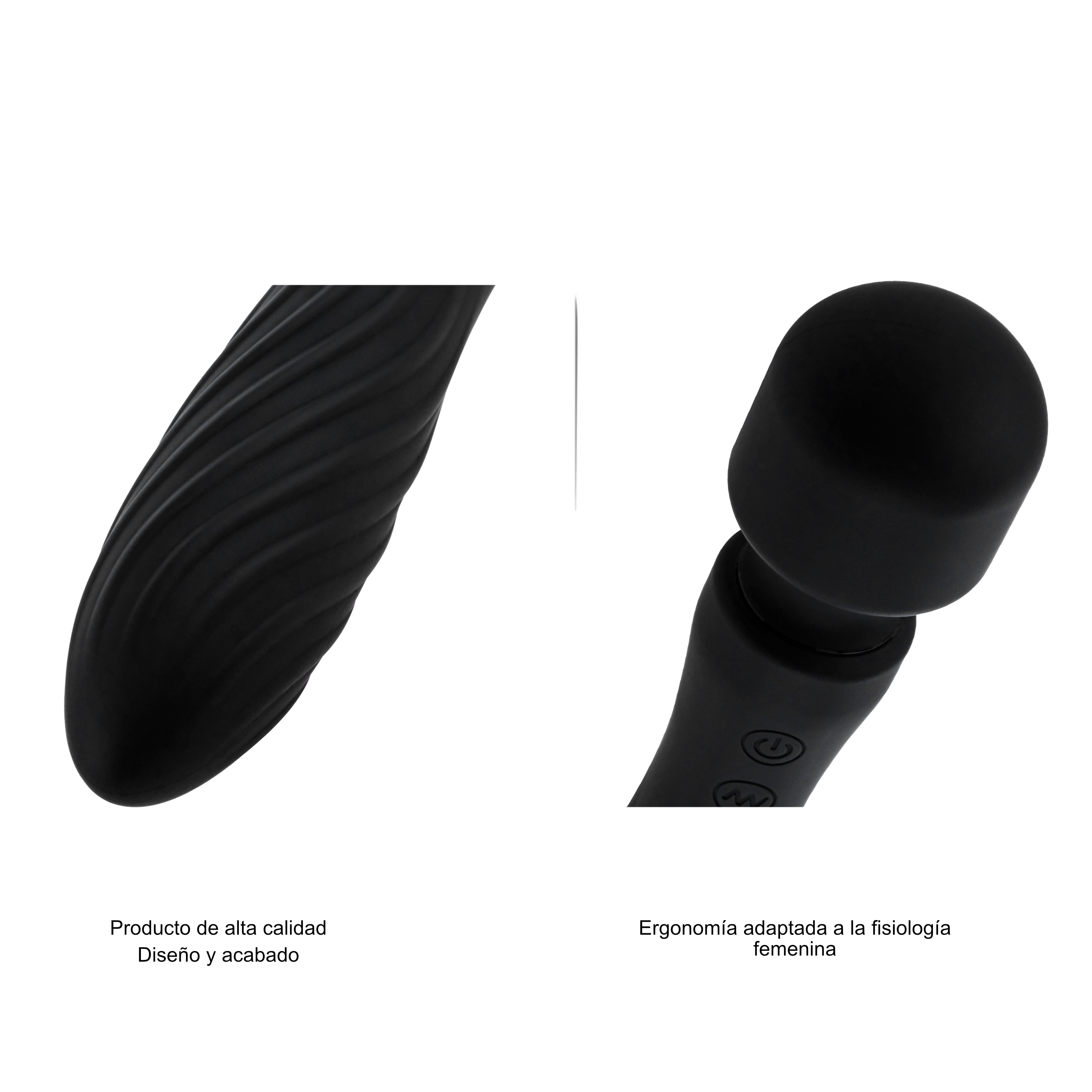 Dos imágenes de un vibrador negro. Una muestra el eje texturizado, la otra los botones de control.