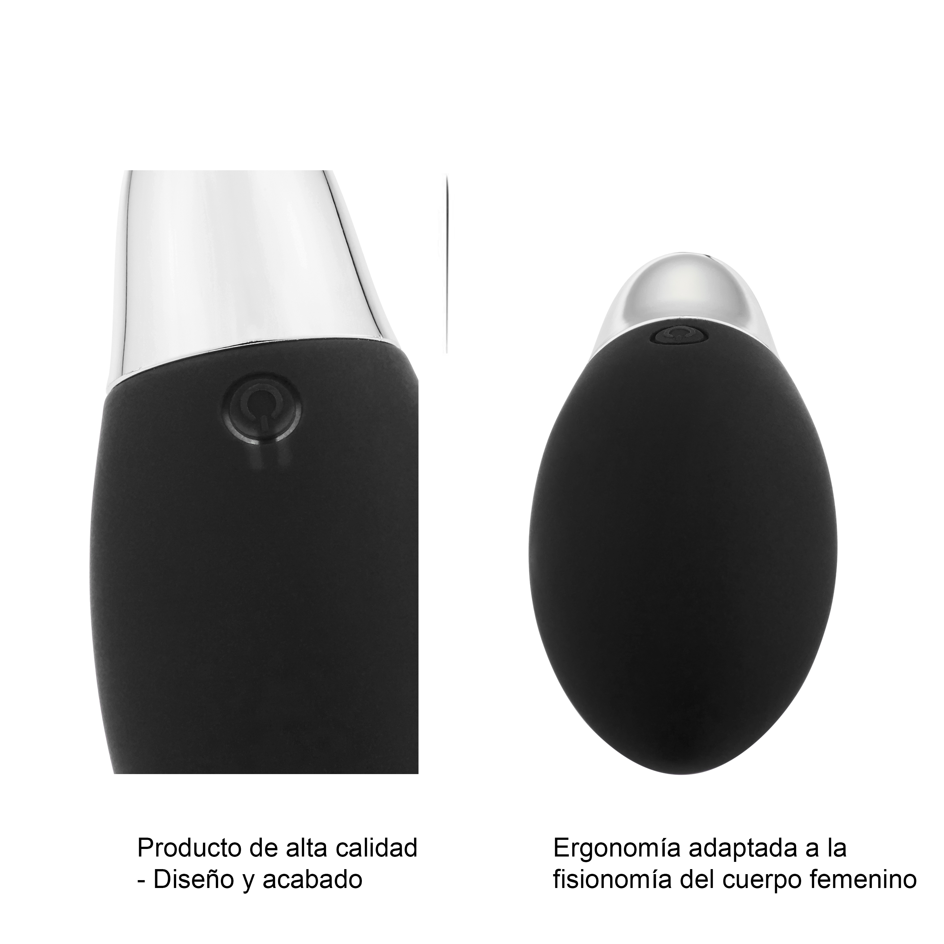Primer plano del vibrador negro que detalla el botón de encendido, el diseño y la ergonomía con etiquetas que describen la función del producto.