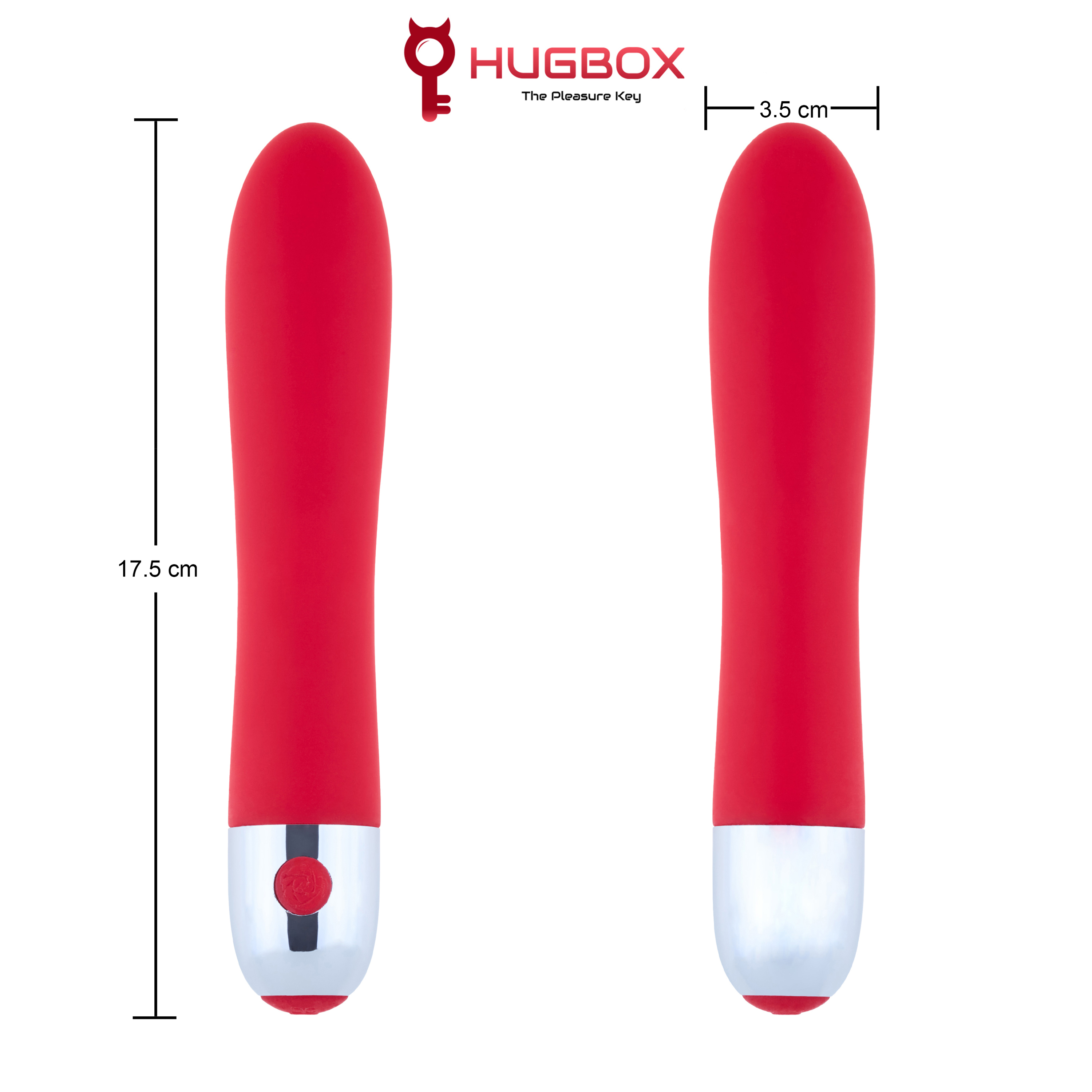 Vibrador rojo con un acento plateado en la parte inferior. Se muestra con dimensiones de tamaño y el logotipo de Hugbox sobre un fondo blanco.