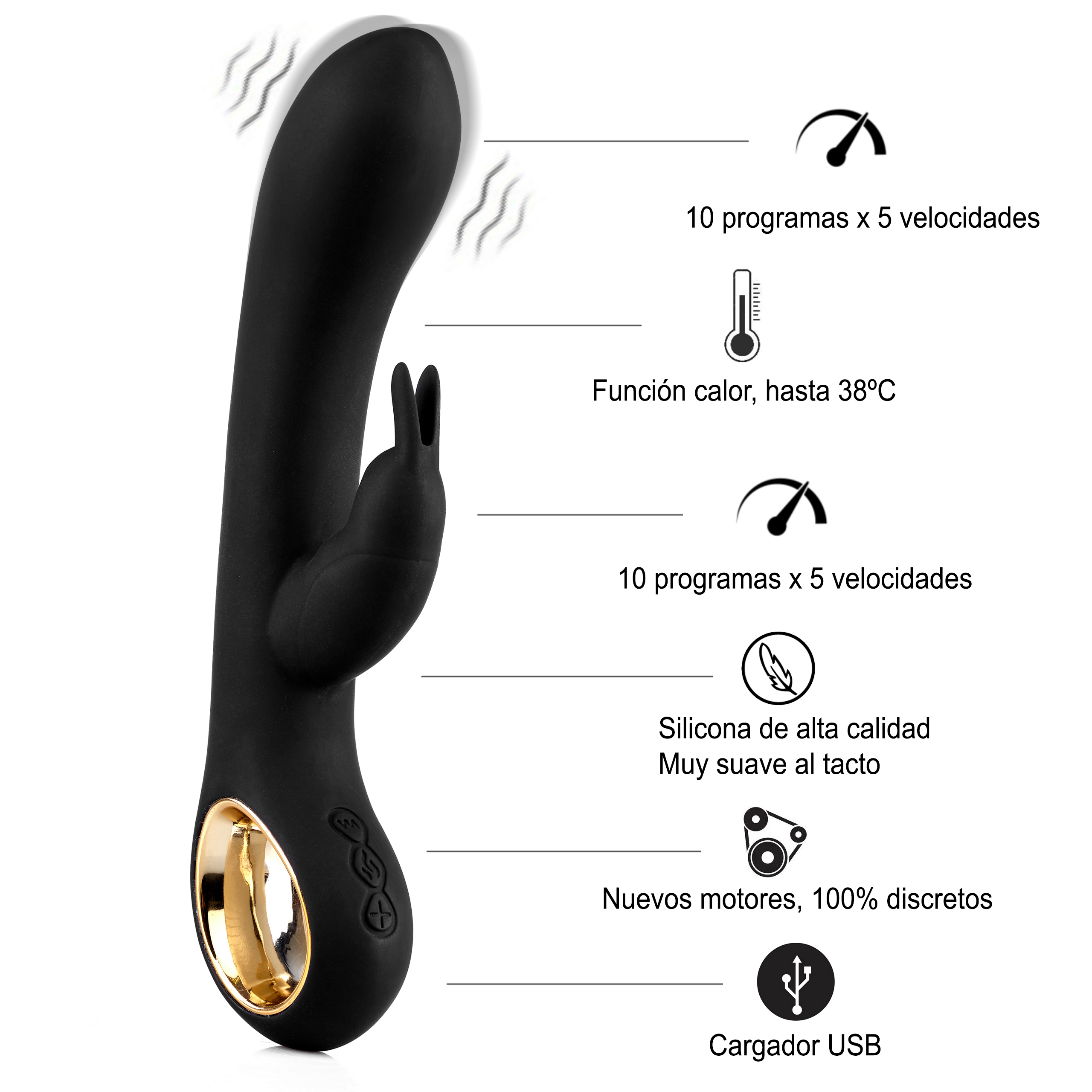 Vibrador negro con un diseño curvo con especificaciones y características etiquetadas, incluida la función de calor y la carga USB.