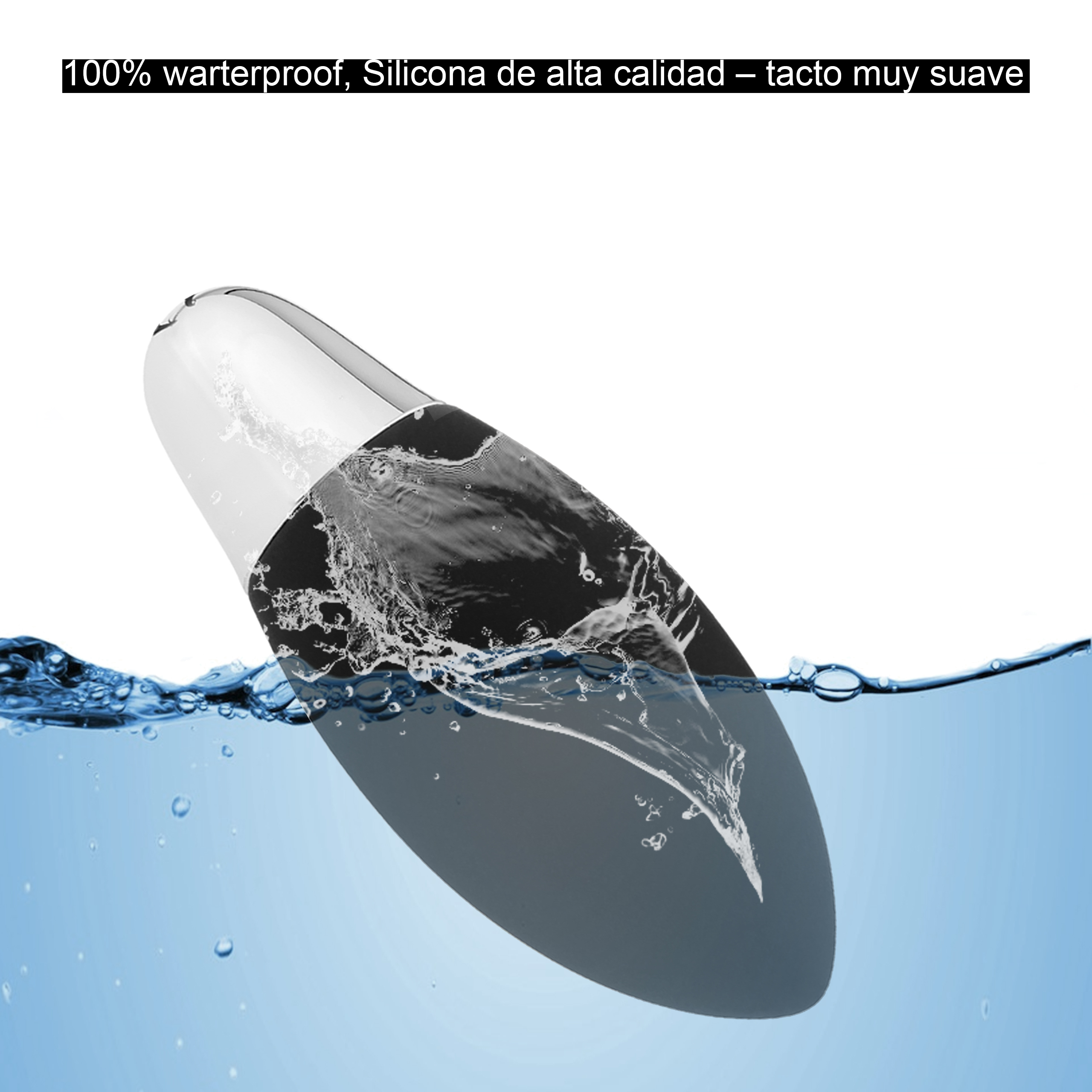 Un vibrador negro está parcialmente sumergido en agua, creando salpicaduras y burbujas, con texto que indica que es resistente al agua.