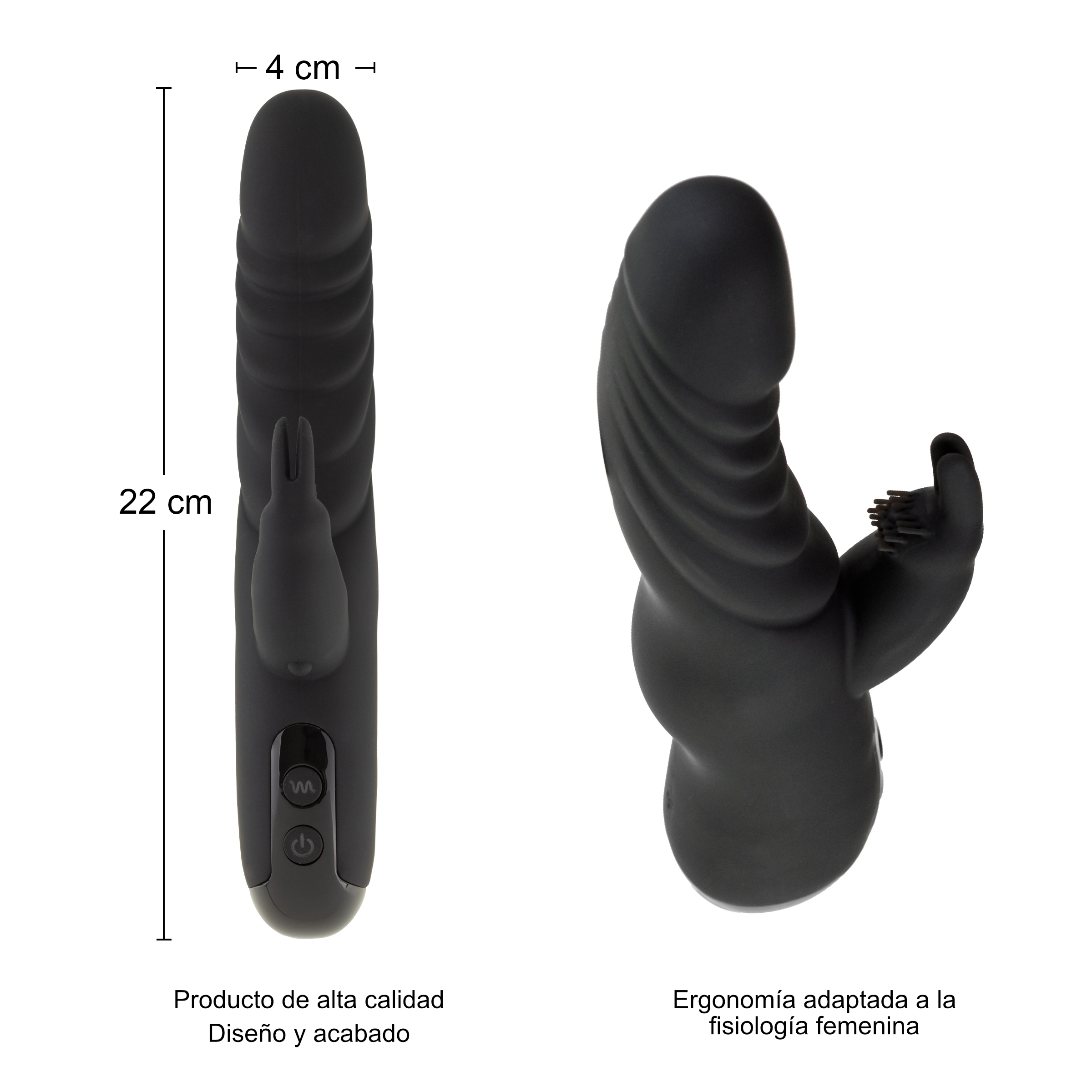 Vibrador negro con dimensiones sobre fondo blanco. Tiene un diseño en forma de conejo.