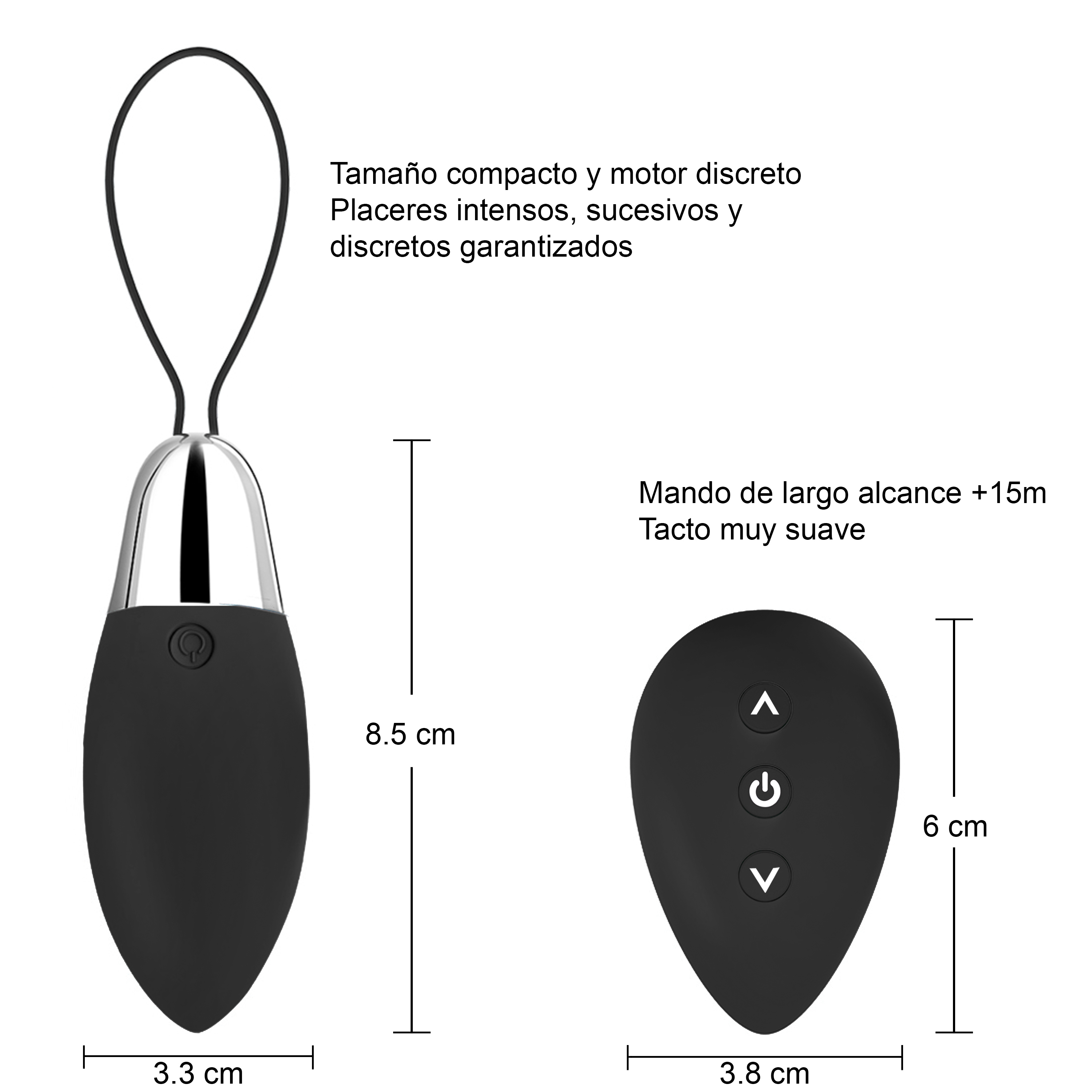 Mando y vibrador negros. El mando tiene un diseño de botones. El vibrador es de forma ovalada.