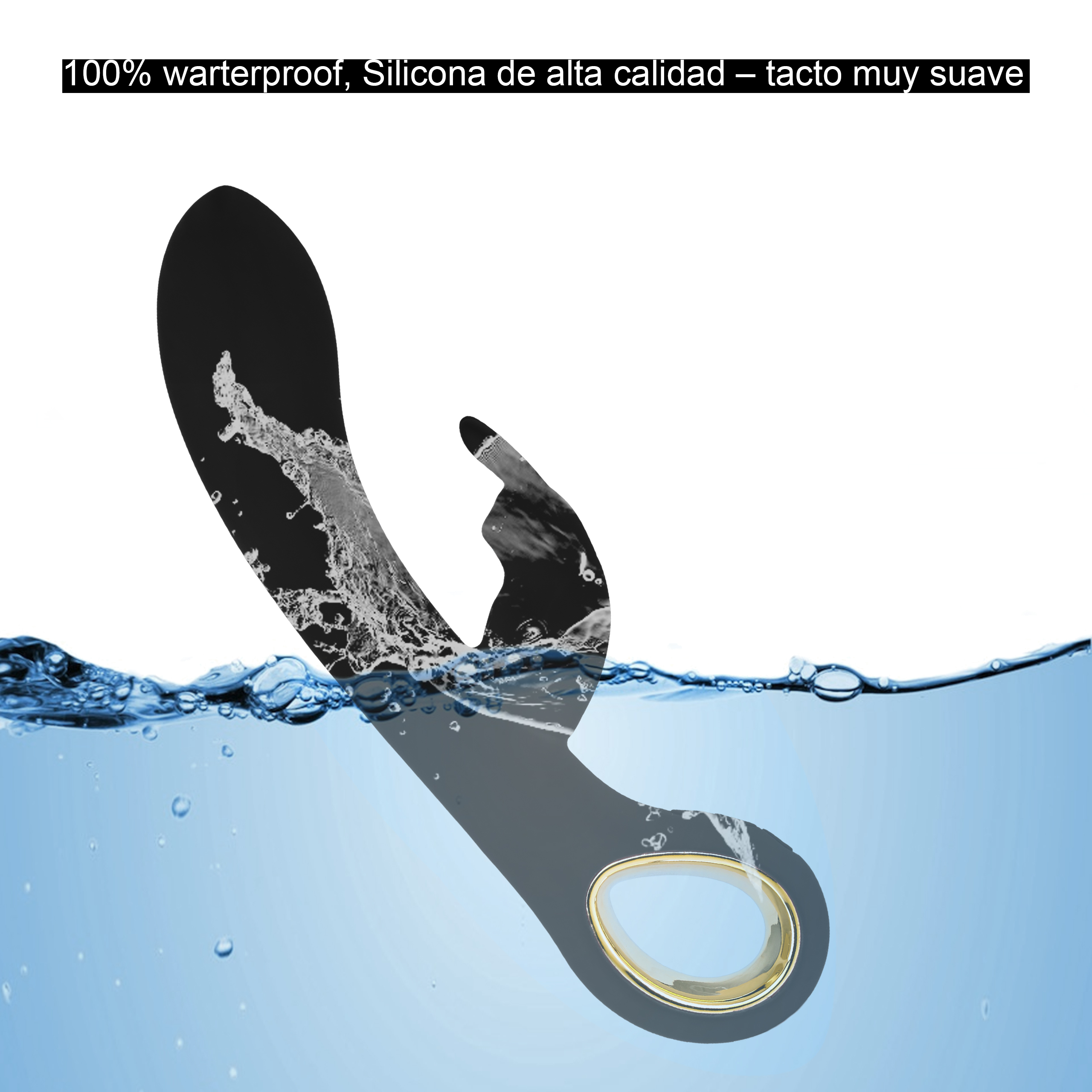 Vibrador negro y gris sumergido en agua. Gotas de agua visibles alrededor del vibrador.