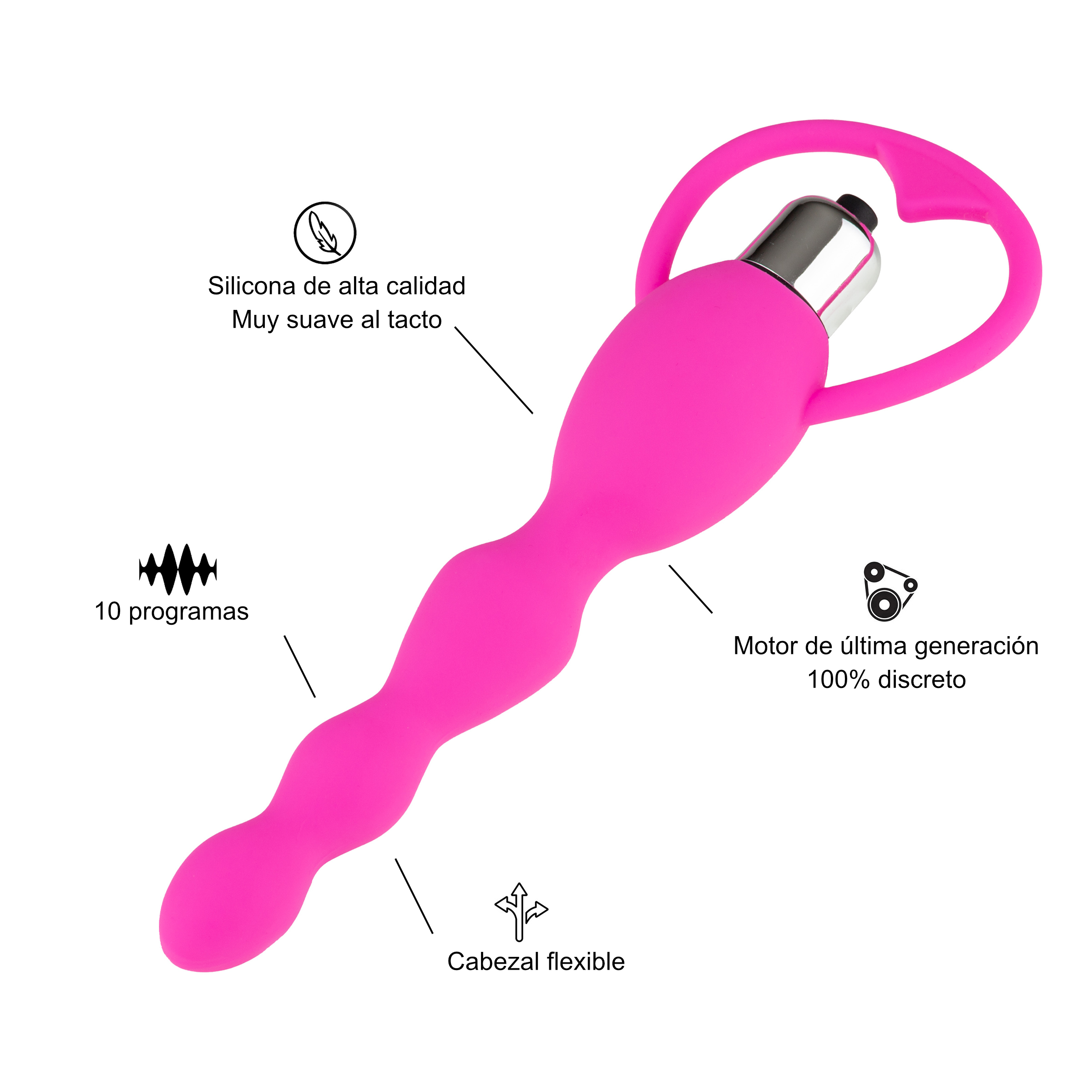 Vibrador rosa con asa en forma de corazón. Las etiquetas de texto señalan las características.