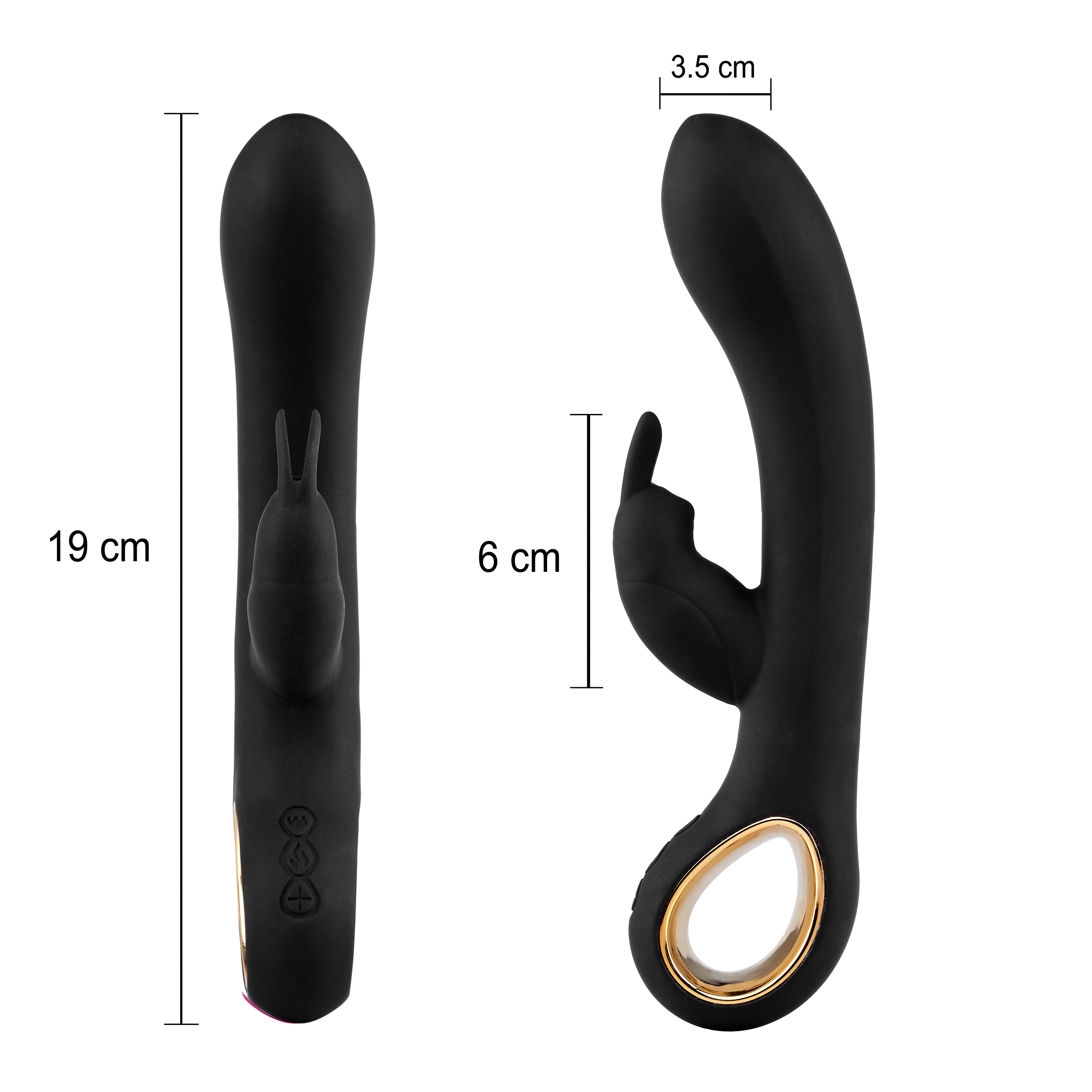 Vibrador negro con diseño de conejo. Se indican las dimensiones. Tiene botones y un anillo.