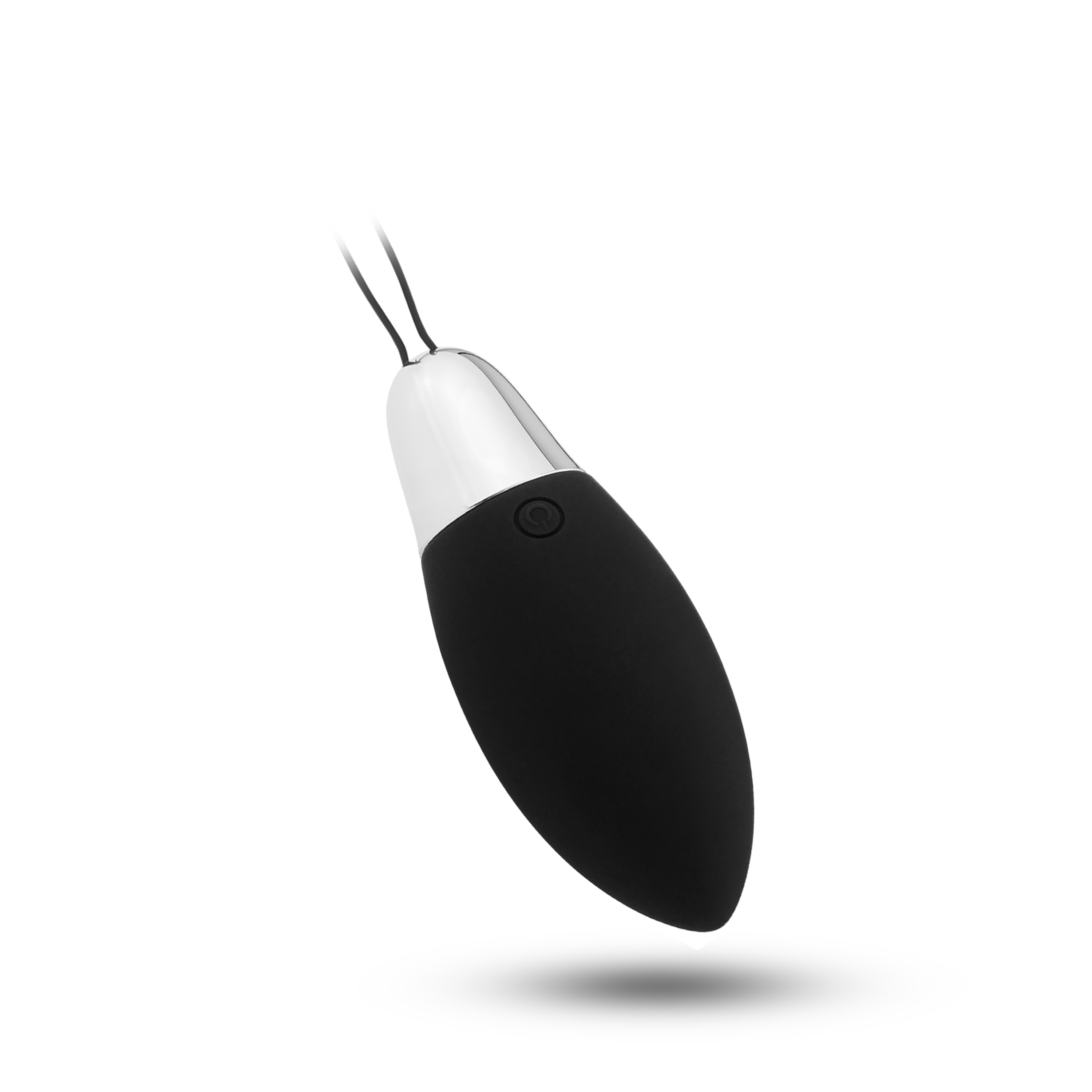 Vibrador negro de forma ovalada con punta plateada y cordón colgante. El vibrador está sobre fondo blanco.