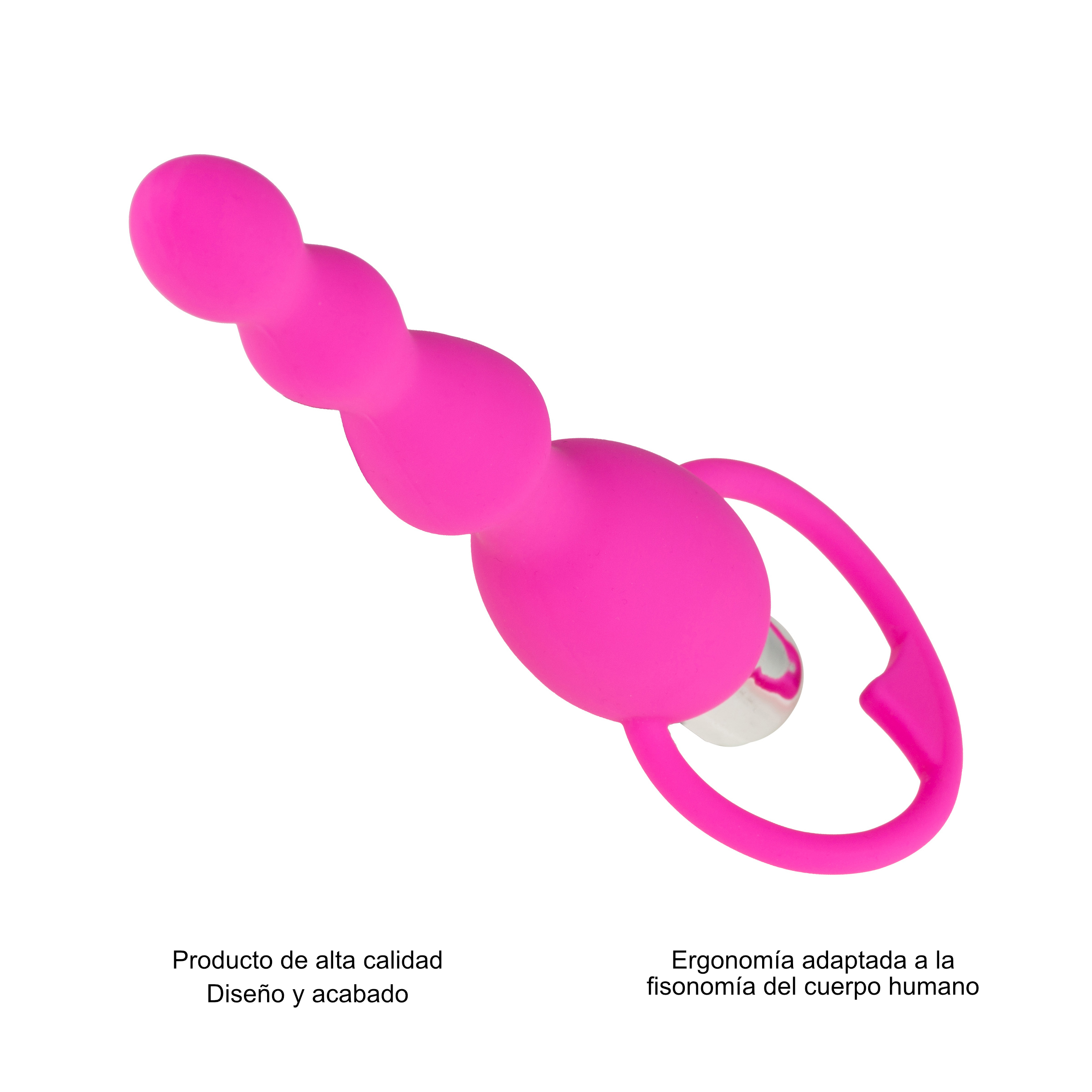 Vibrador rosa con tres esferas y un asa de anillo sobre fondo blanco. Hay etiquetas de texto.