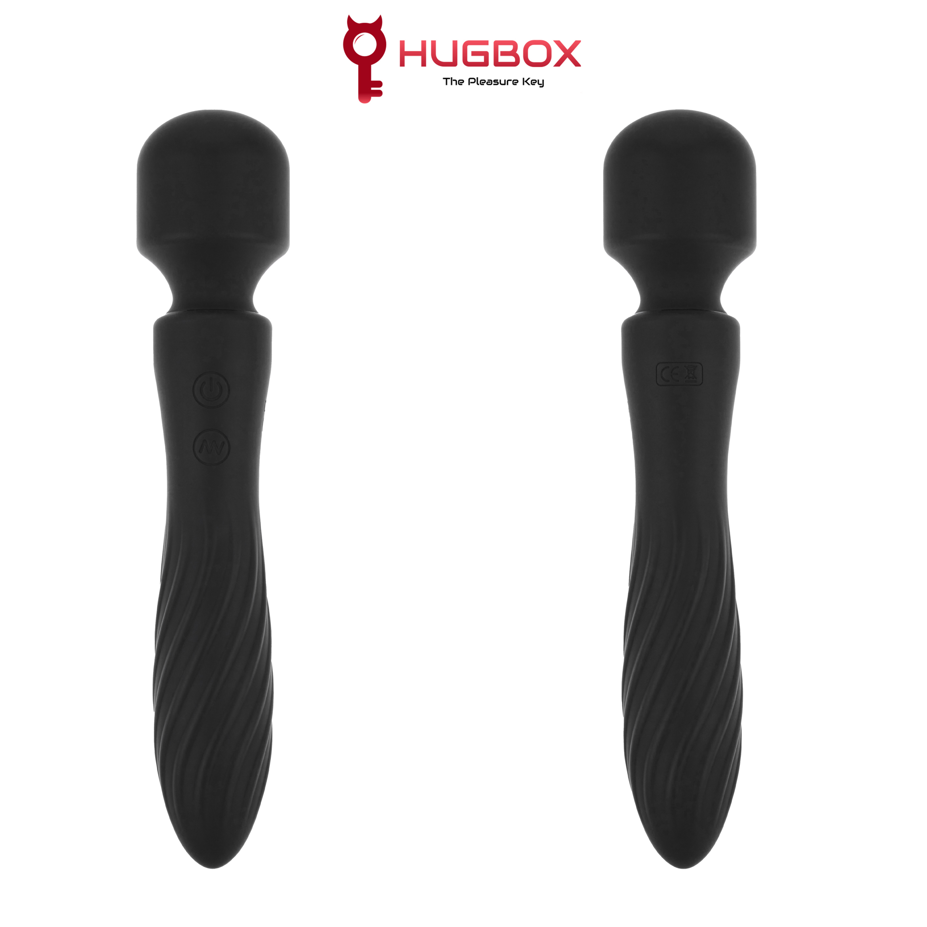 Dos varitas negras sobre un fondo blanco. La palabra "HUGBOX" está en la parte superior.