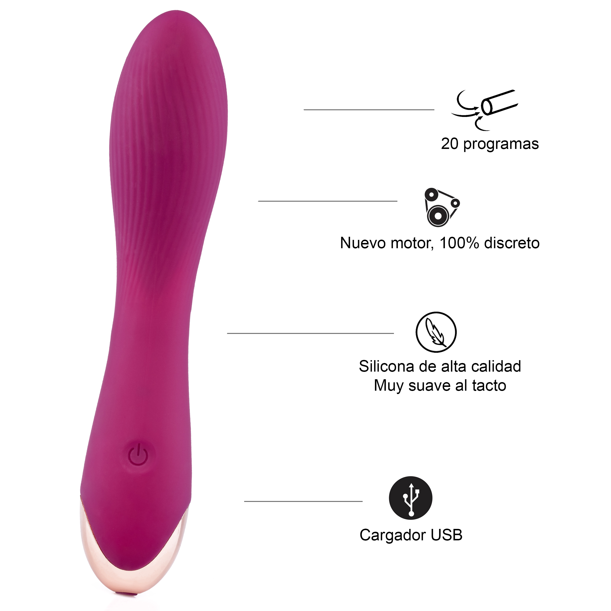 Vibrador rosa con botón y punta dorada sobre fondo blanco. Hay etiquetas de texto.