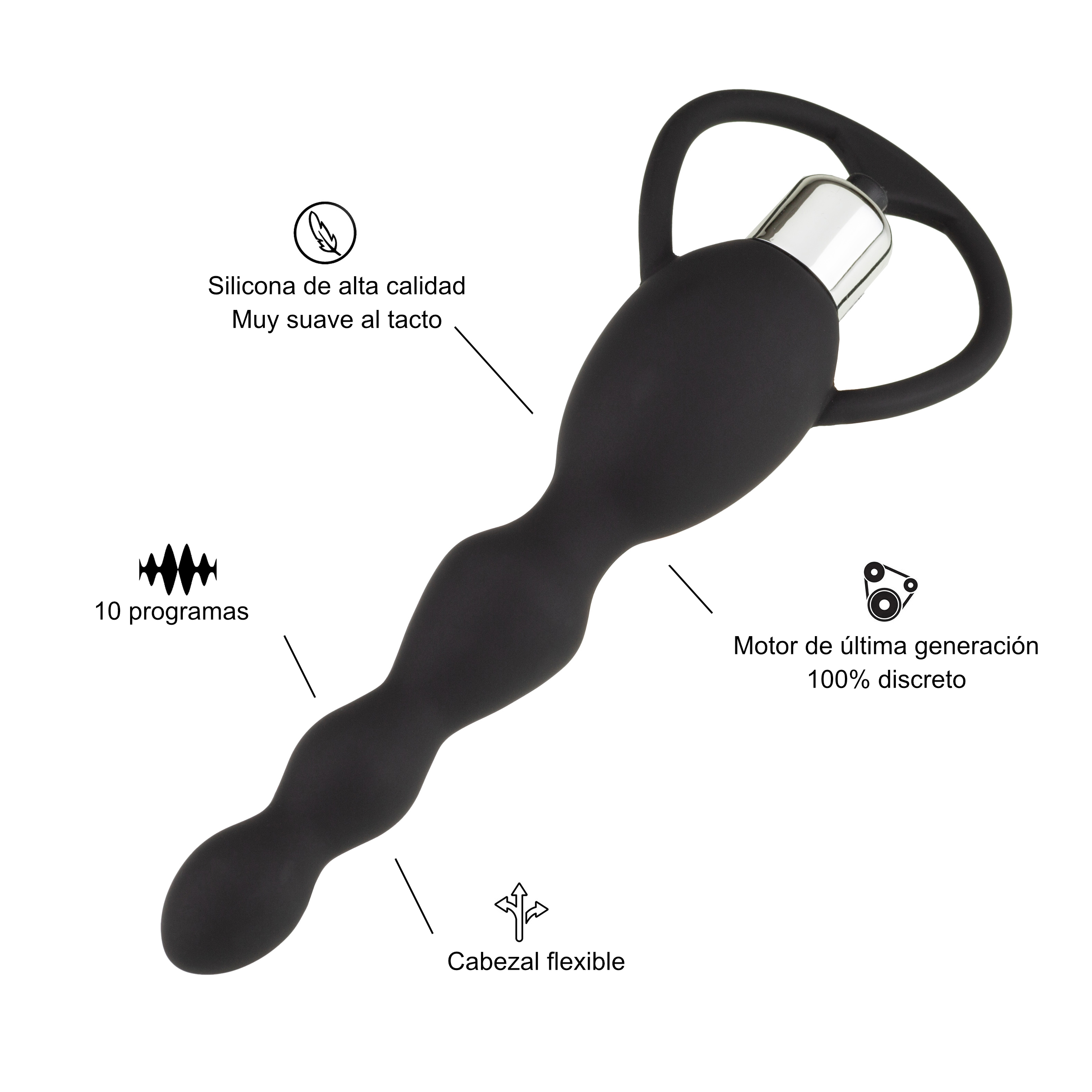 Vibrador negro con asa en forma de corazón. Las etiquetas de texto señalan las características. Dimensiones presentes.