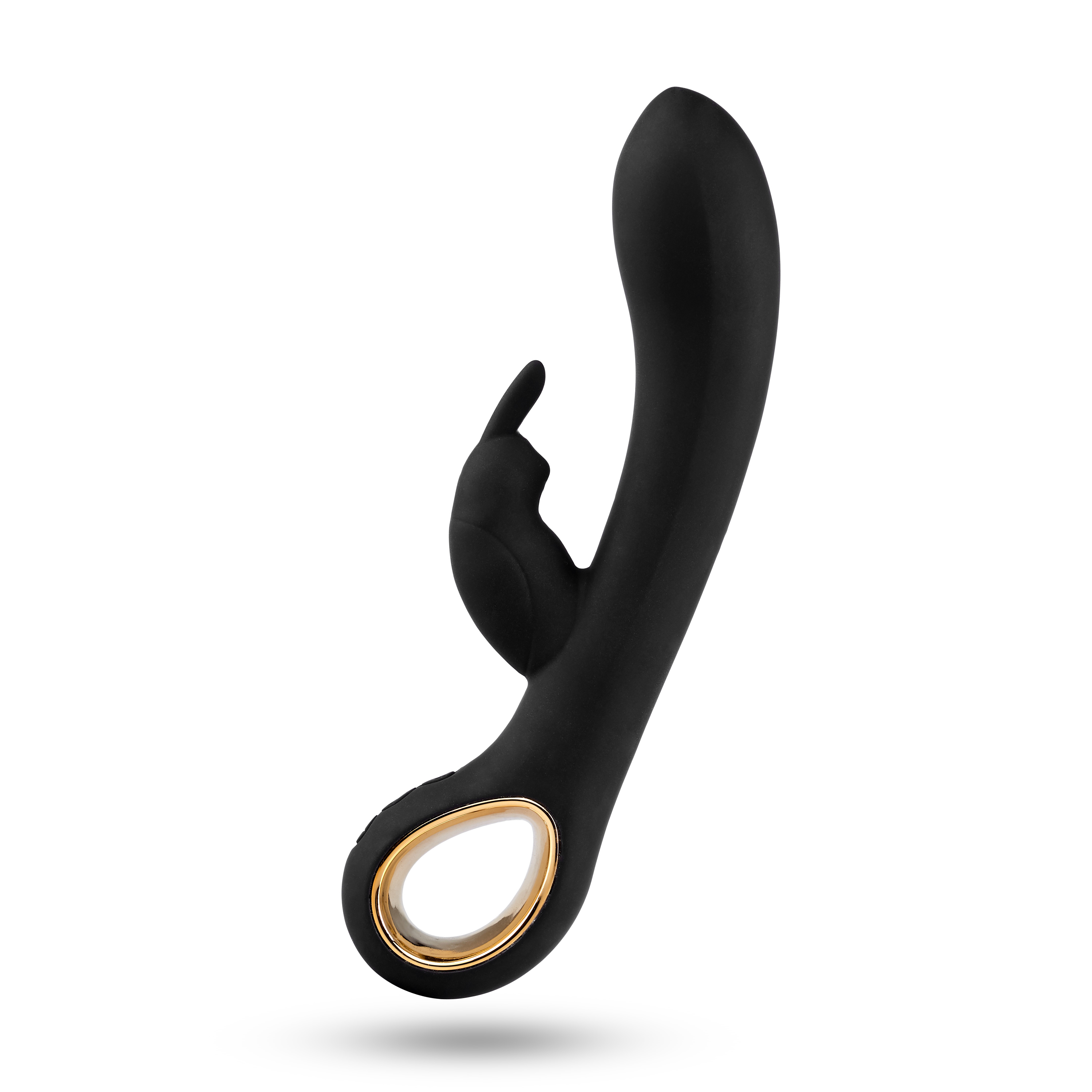 Juguete sexual negro con diseño curvo y anillo dorado.