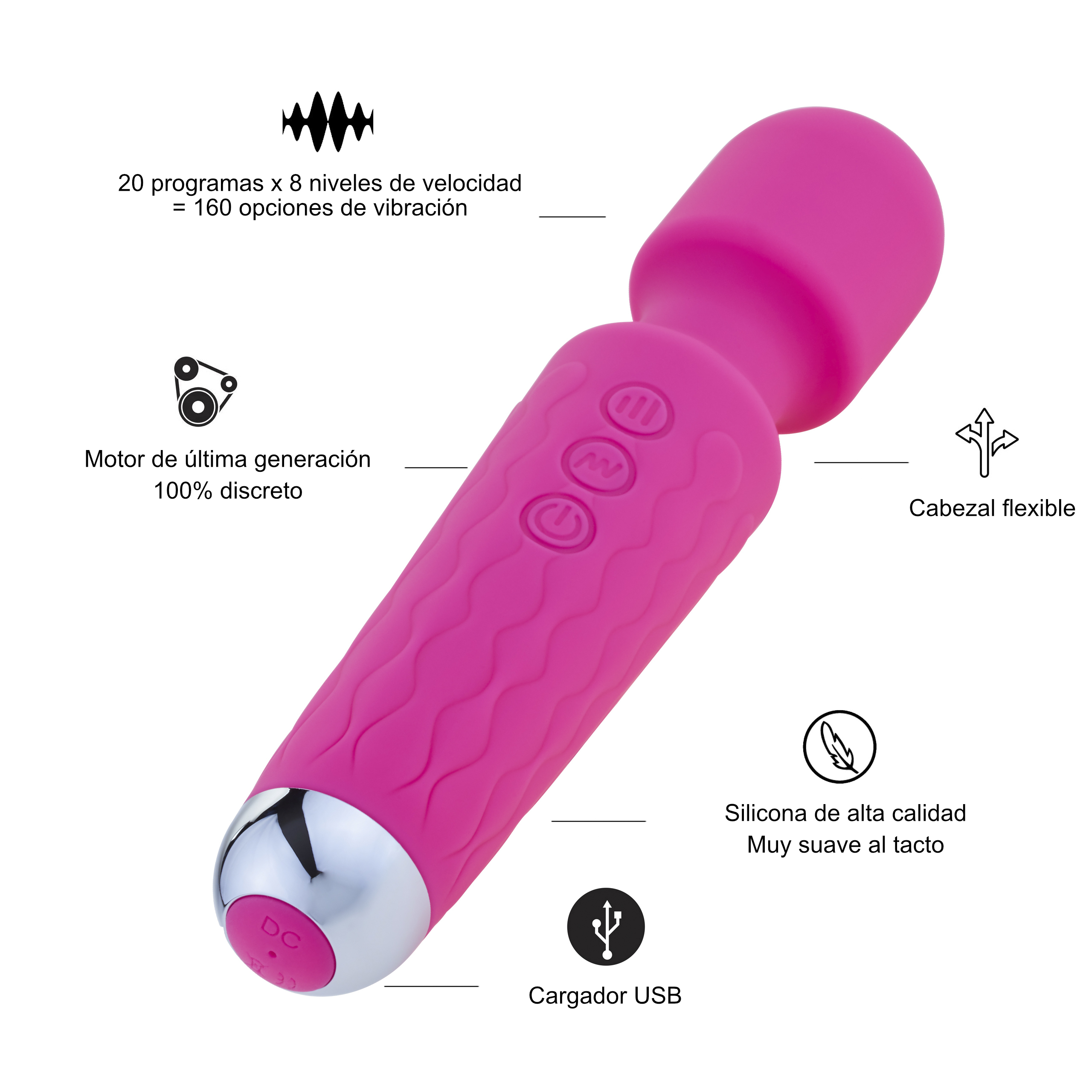 Vibrador de varita rosa con punta plateada. Etiquetas de texto presentes. La varita está sobre fondo blanco.