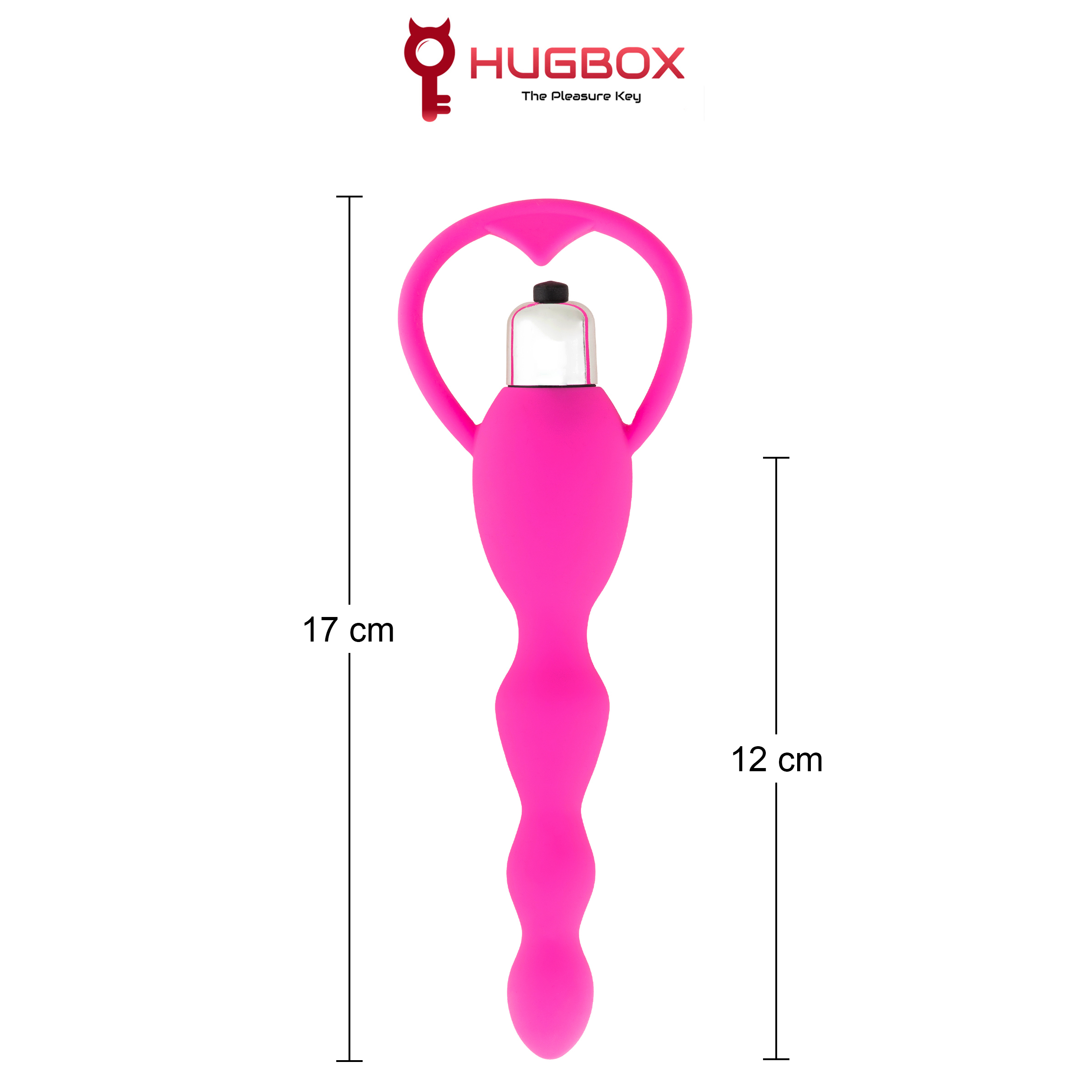 Vibrador rosa con asa en forma de corazón. Se indican las dimensiones. La palabra "HUGBOX" está arriba.