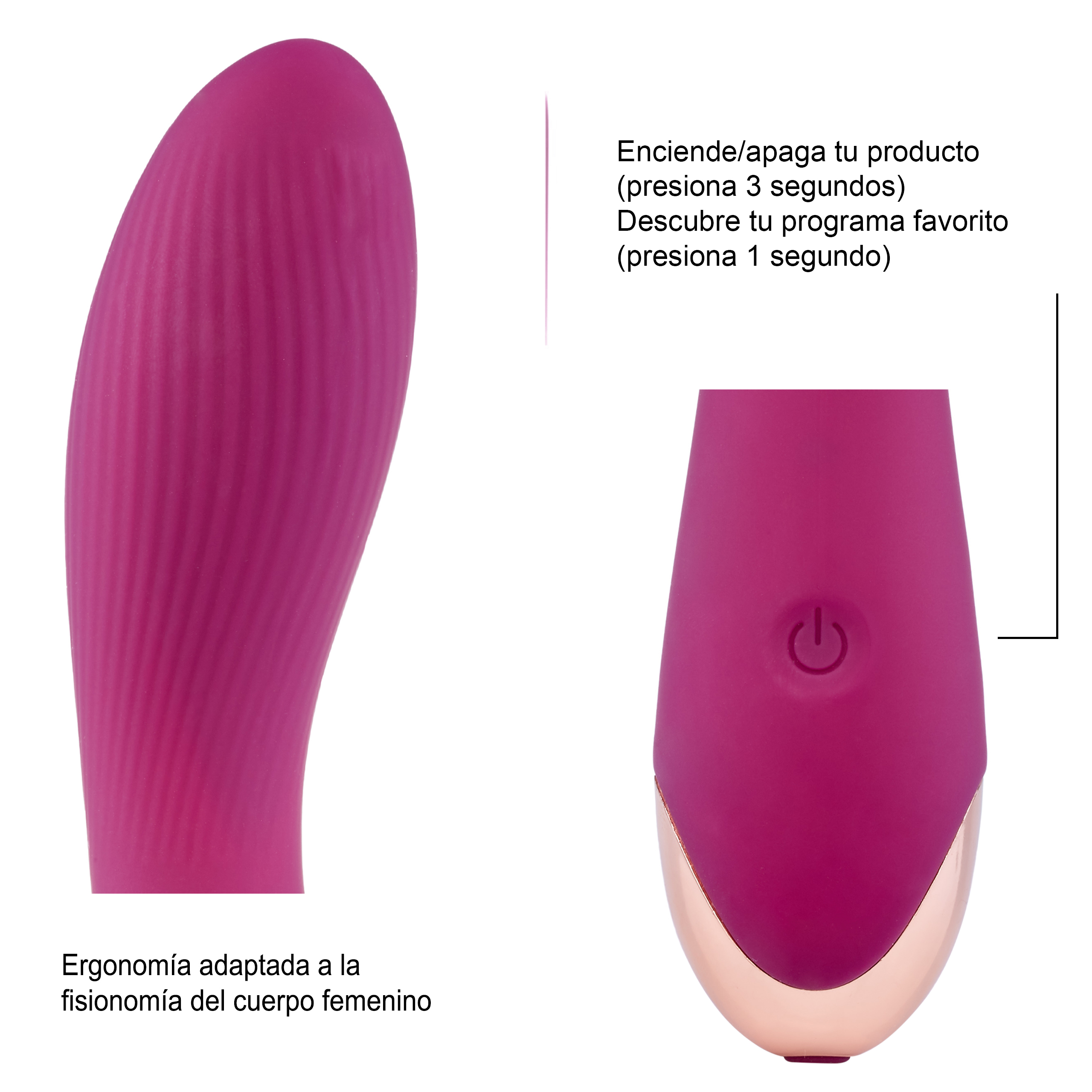 Vibrador rosa con cabezal acanalado y botón. Texto indica encendido/apagado y selección de programa. Fondo blanco.