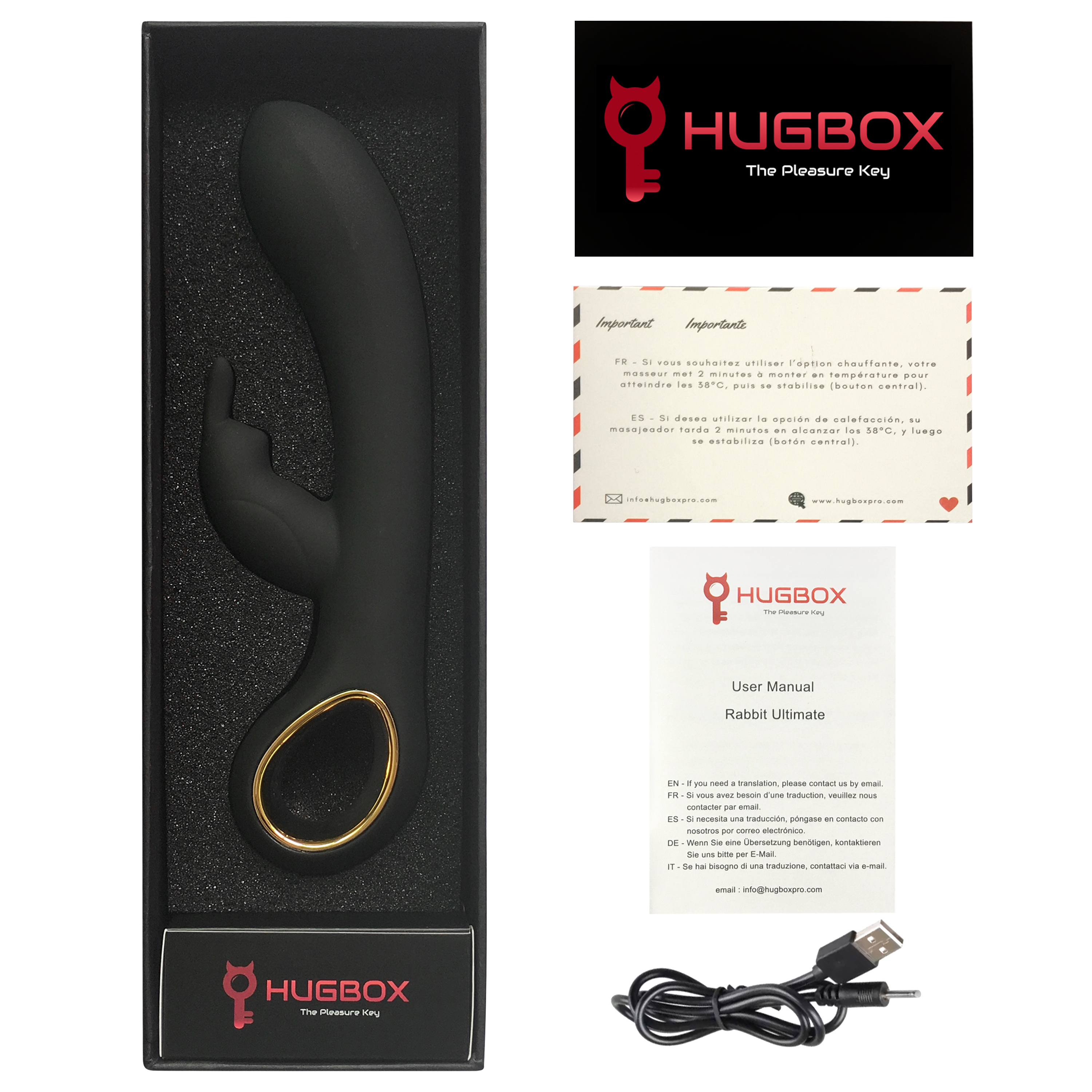 Set de juguete sexual: vibrador conejo en caja, instrucciones y cable de carga. Fondo blanco.