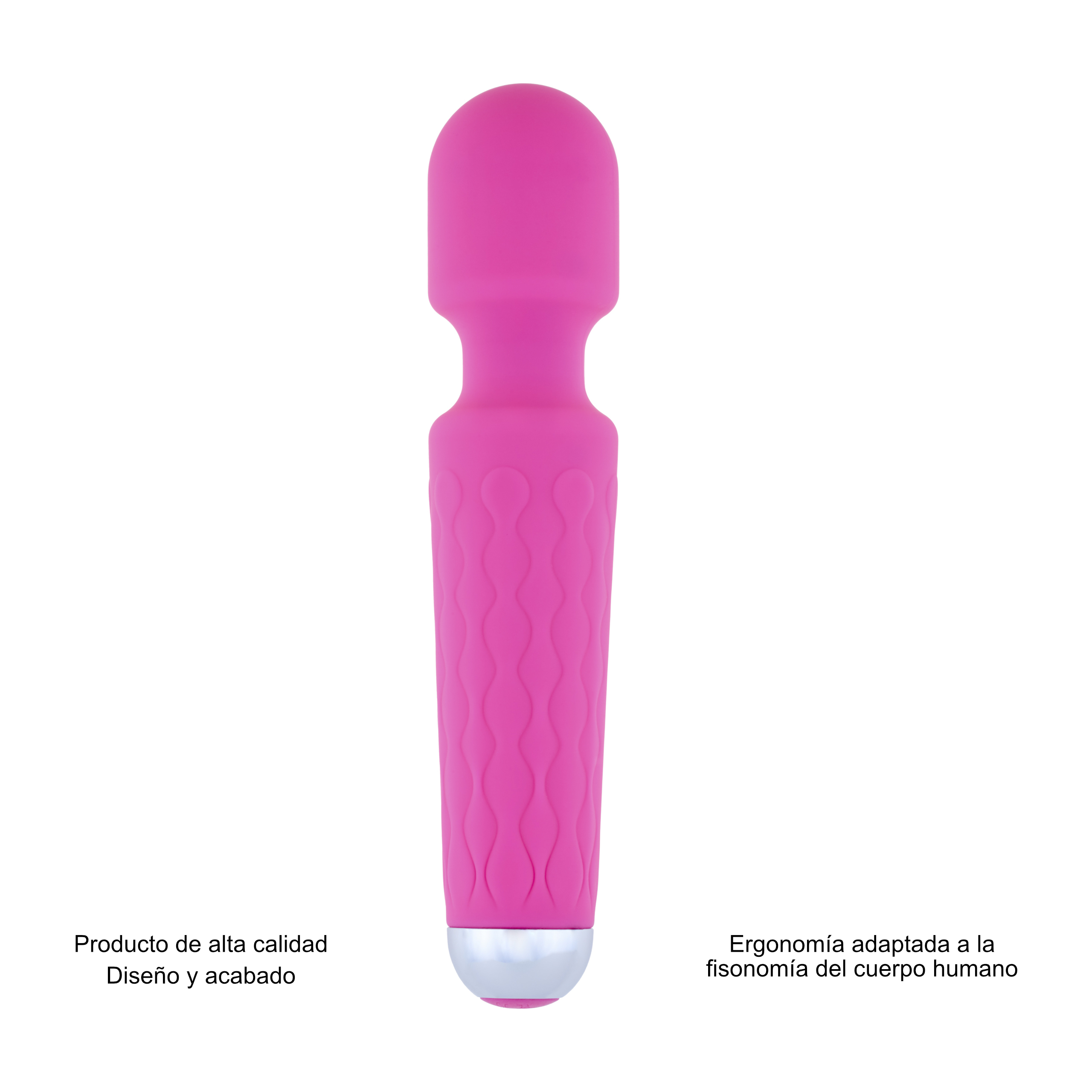 Vibrador rosa con cuerpo curvado y estriado. Base plateada. Fondo blanco.