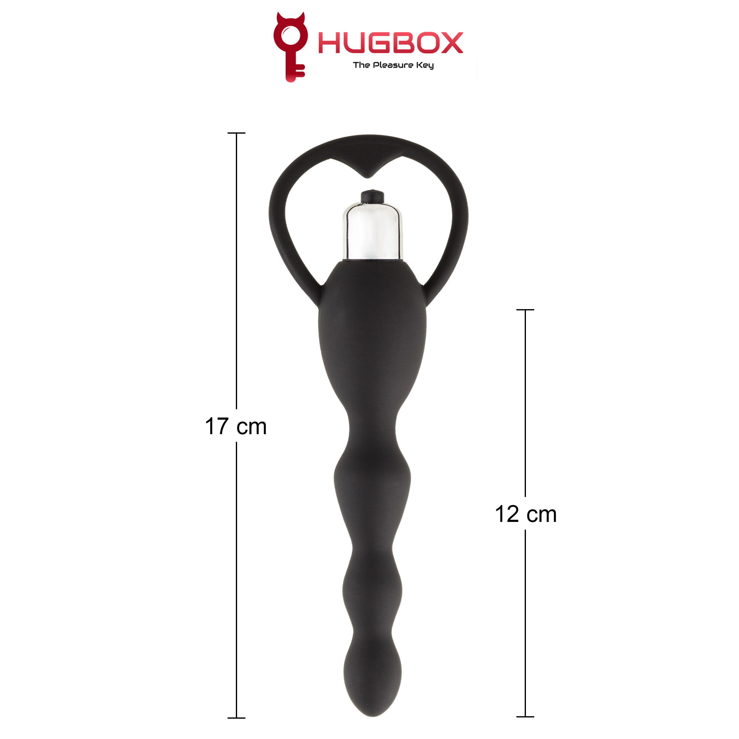 Juguete sexual negro con un anillo en forma de corazón. Medidas: 17cm alto, 12cm ancho. Fondo blanco.