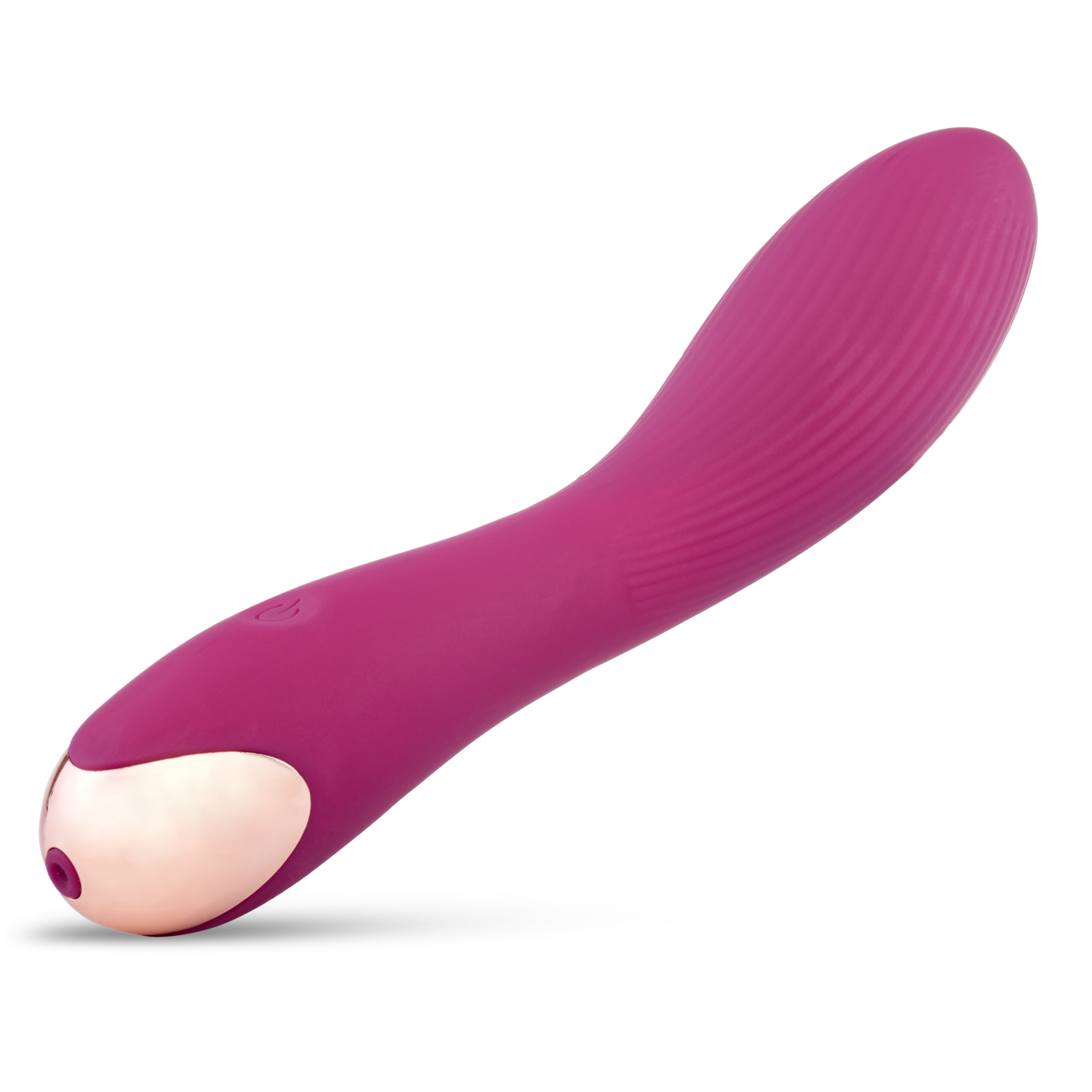 Juguete sexual rosa con forma curva y extremo dorado. Fondo blanco.