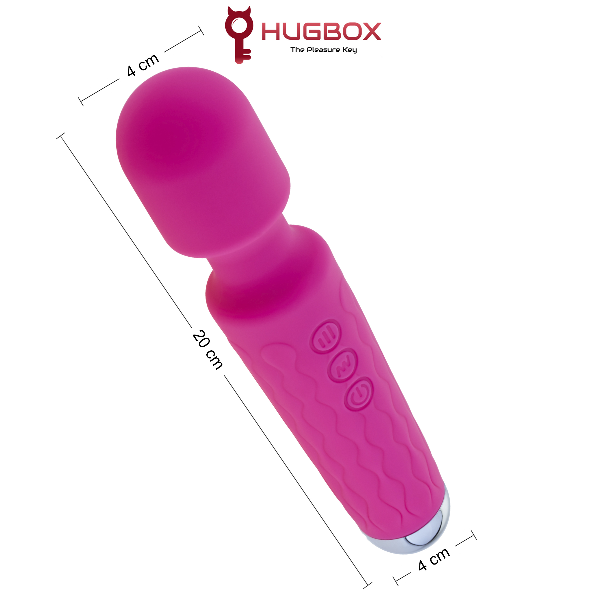 Vibrador rosa. Medidas: 20 cm largo, 4 cm ancho, 4 cm cabeza. Fondo blanco.