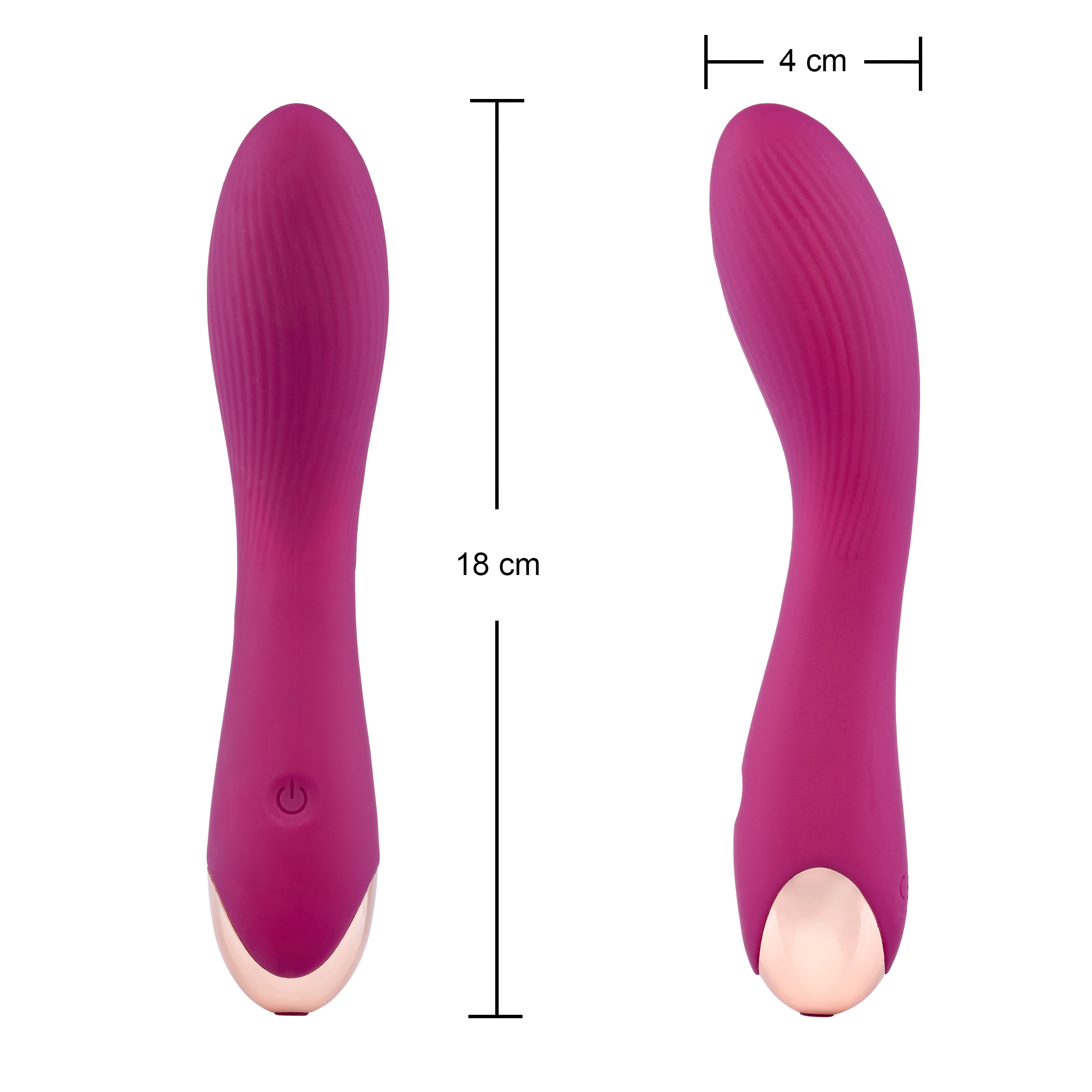 Dos juguetes sexuales rosas sobre fondo blanco, con medidas y etiquetas.