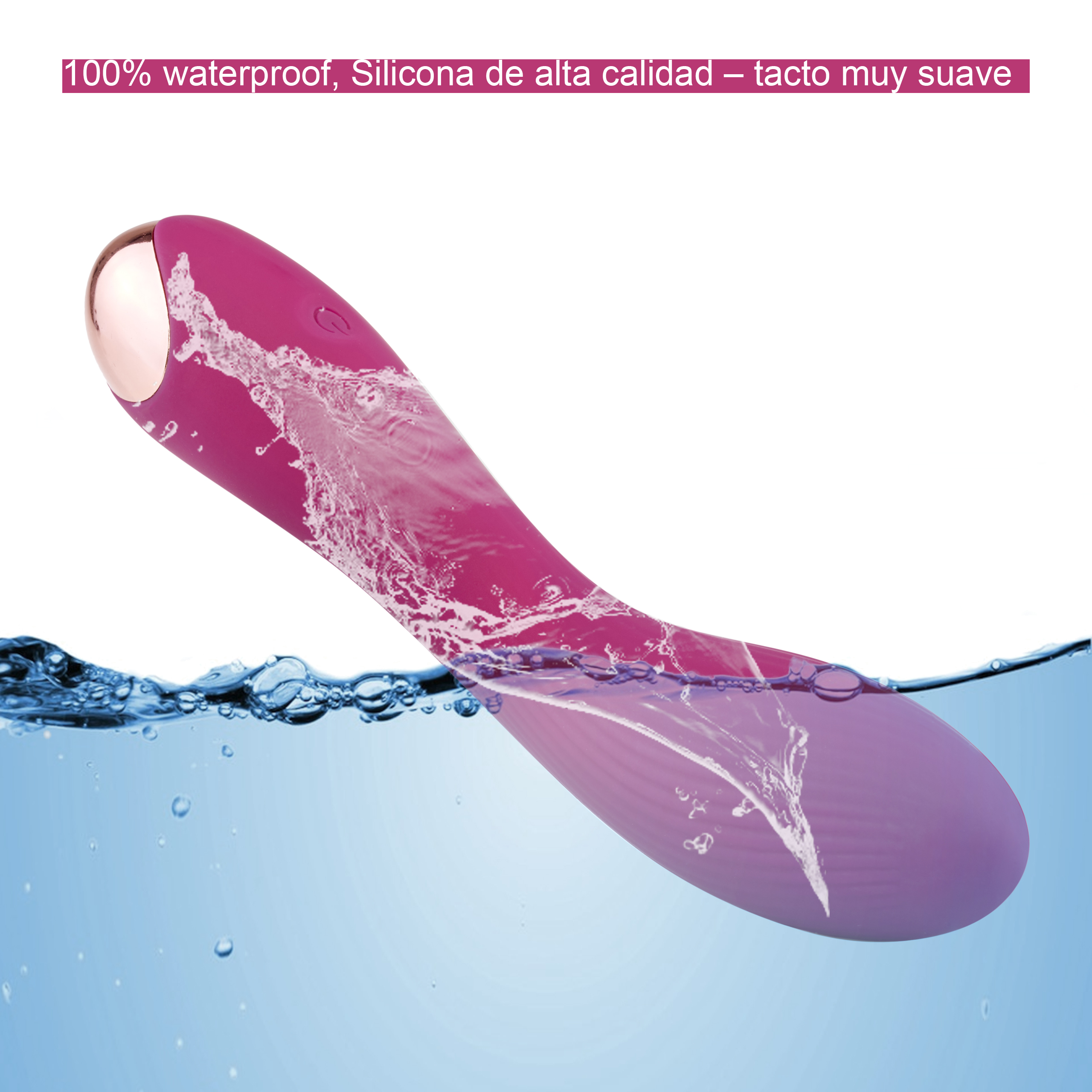 Juguete sexual rosa sumergido en agua. Texto: 100% impermeable, silicona de alta calidad, tacto muy suave.