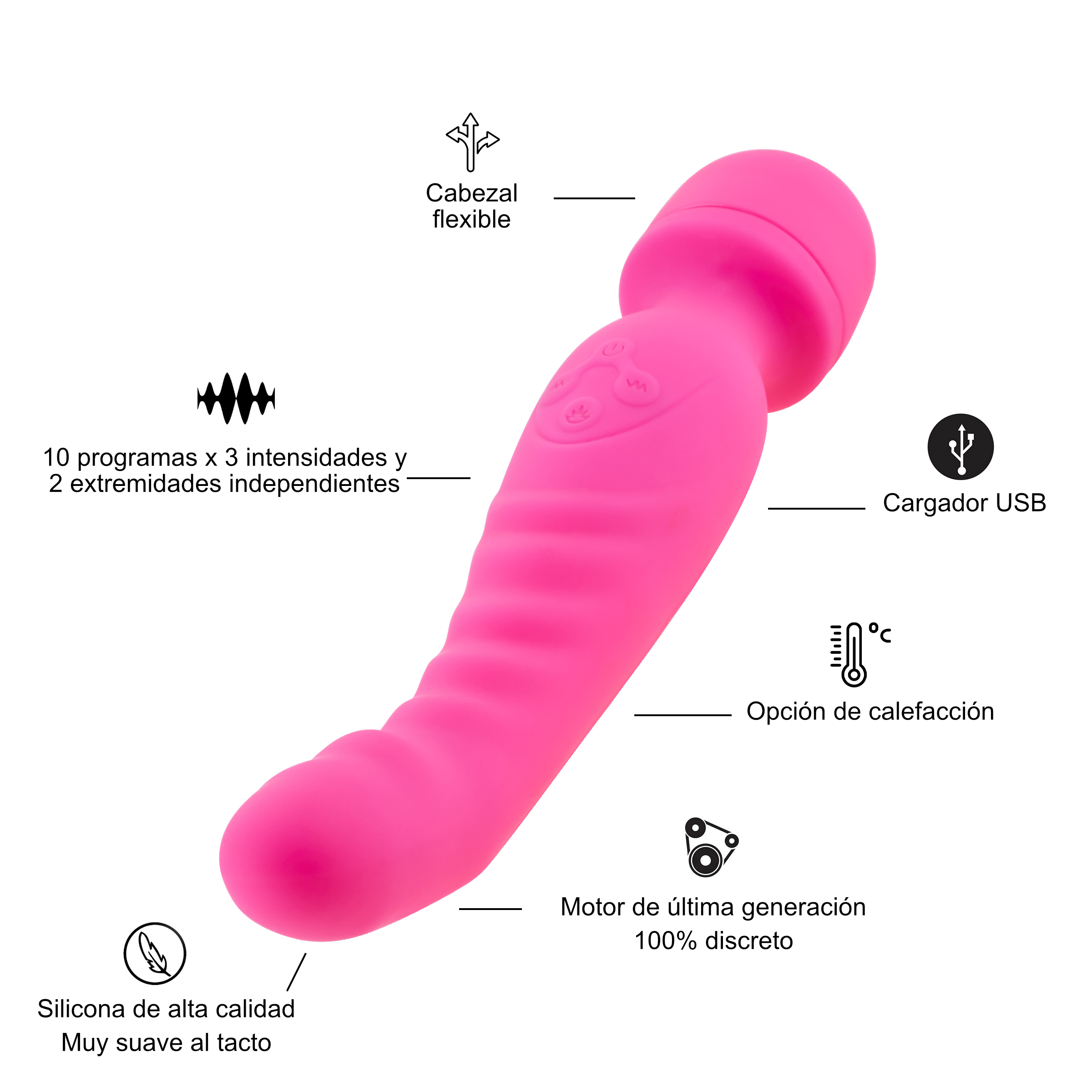 Vibrador rosa. Características: cabeza flexible, 10 programas, 3 intensidades, cargador USB, opción de calor. Fondo blanco.