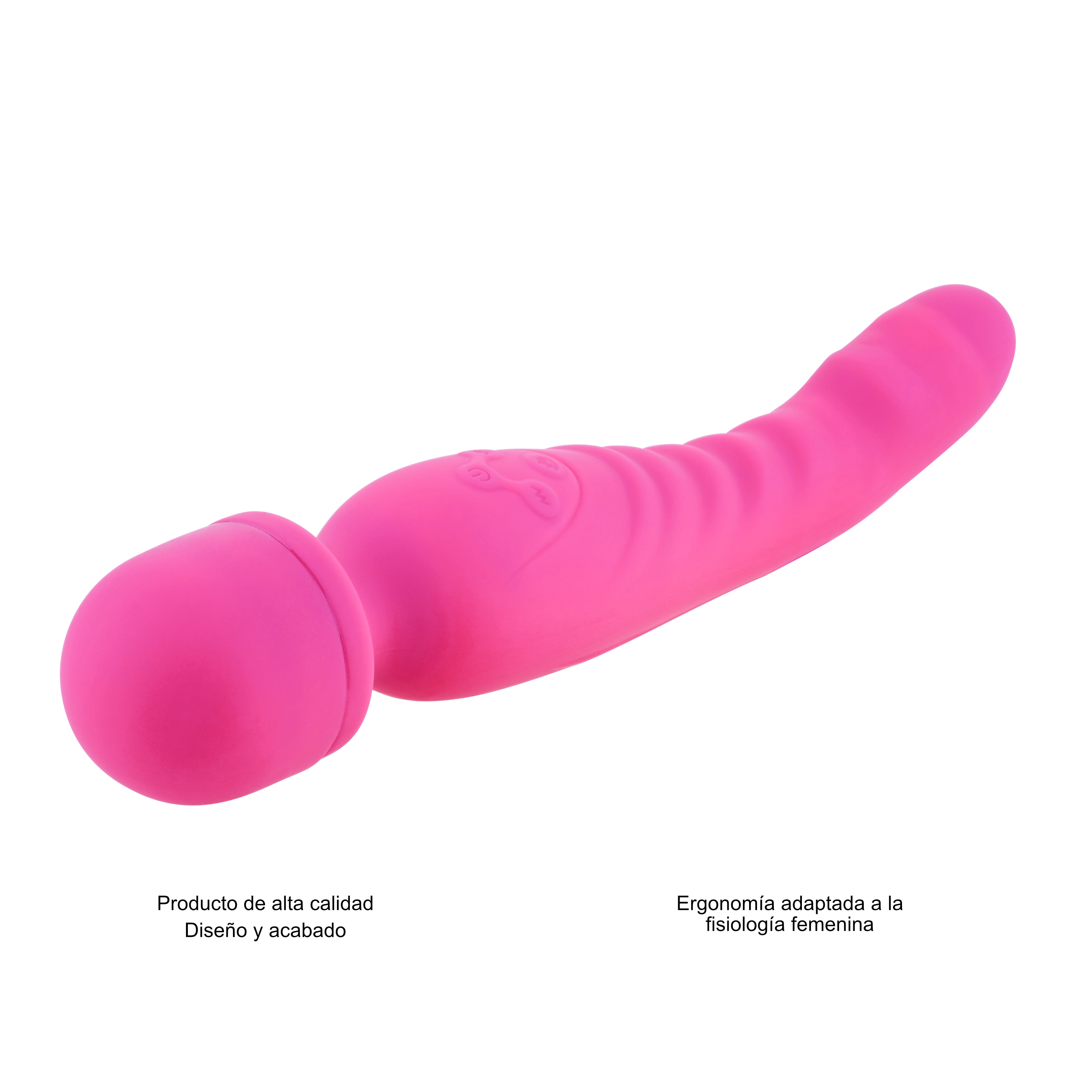 Un juguete sexual rosa con cabeza redonda sobre fondo blanco, con texto en español.