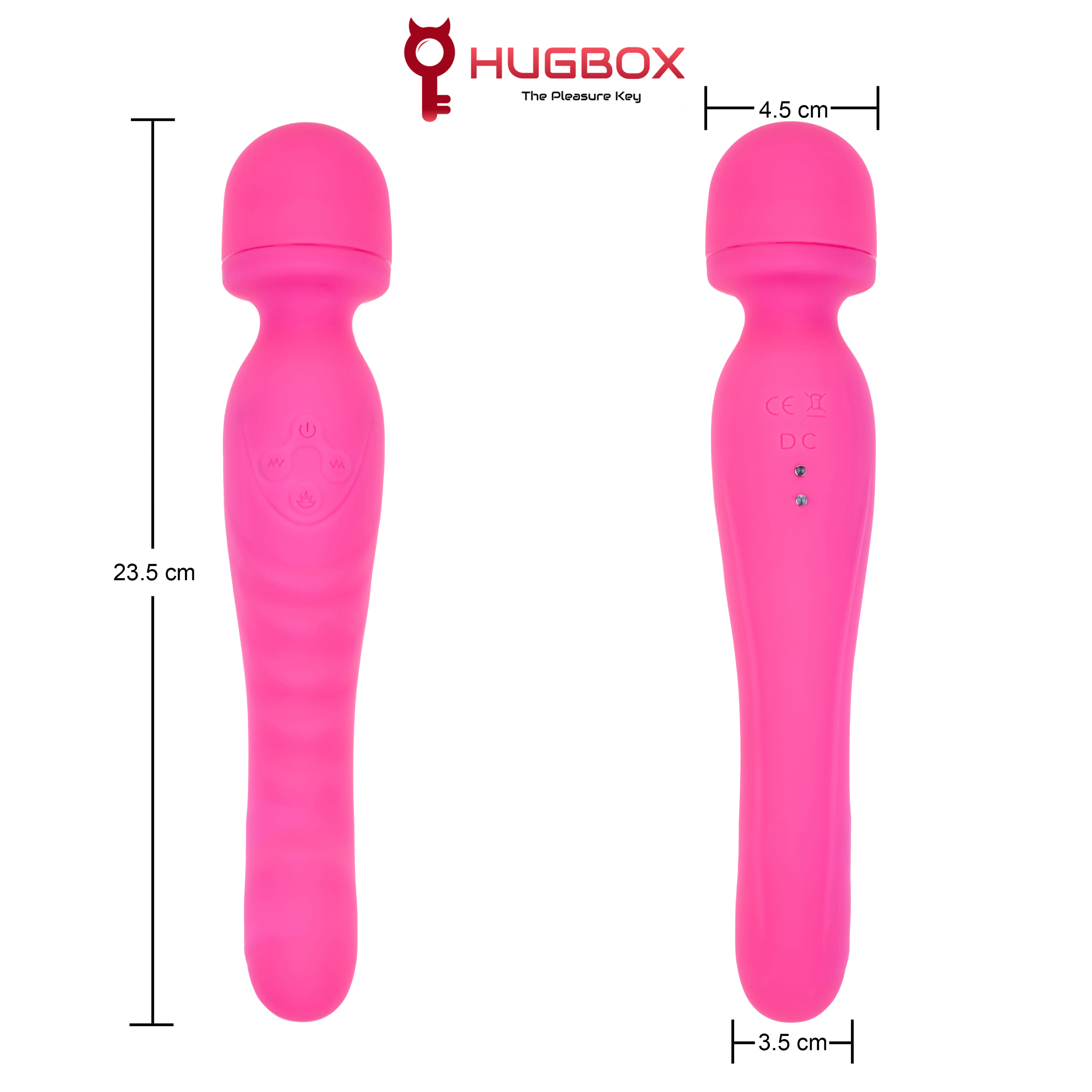Vibrador rosa con forma curva. Medidas: 23,5 cm largo, 4,5 cm cabeza, 3,5 cm base. Fondo blanco.