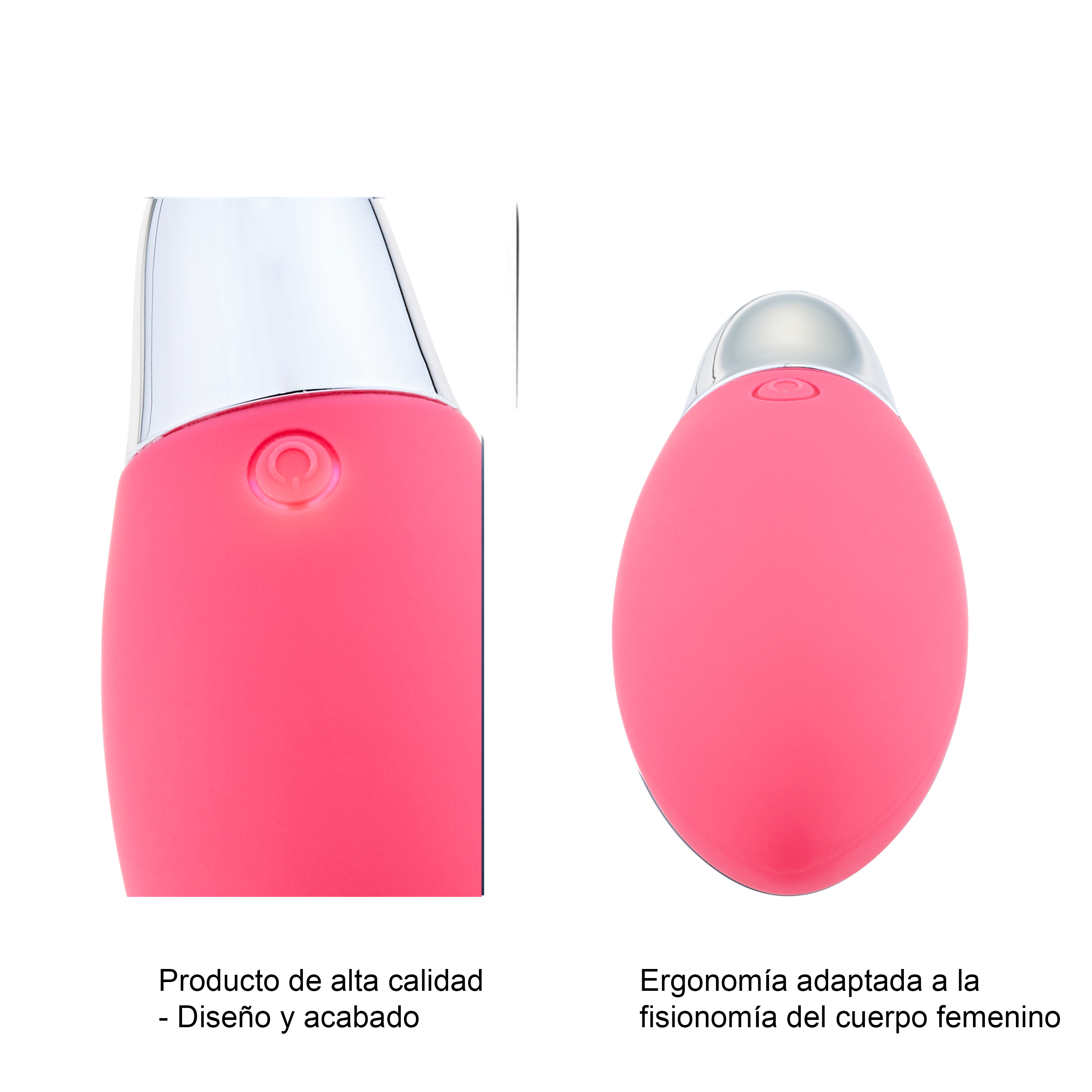Juguete sexual rosa. Presenta un botón y una base plateada. Fondo blanco.