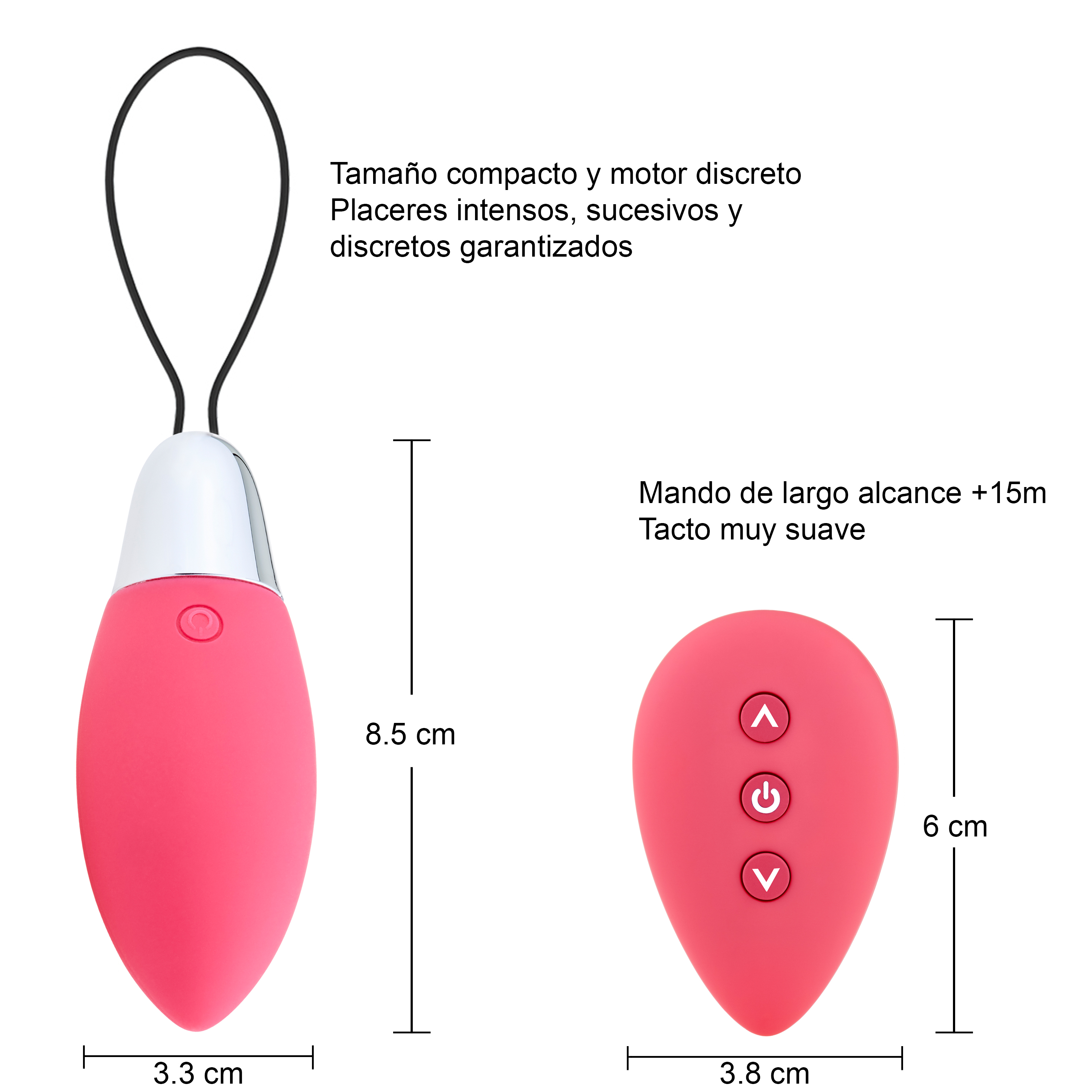 Un juguete sexual rosa y mando a distancia sobre fondo blanco, con medidas.