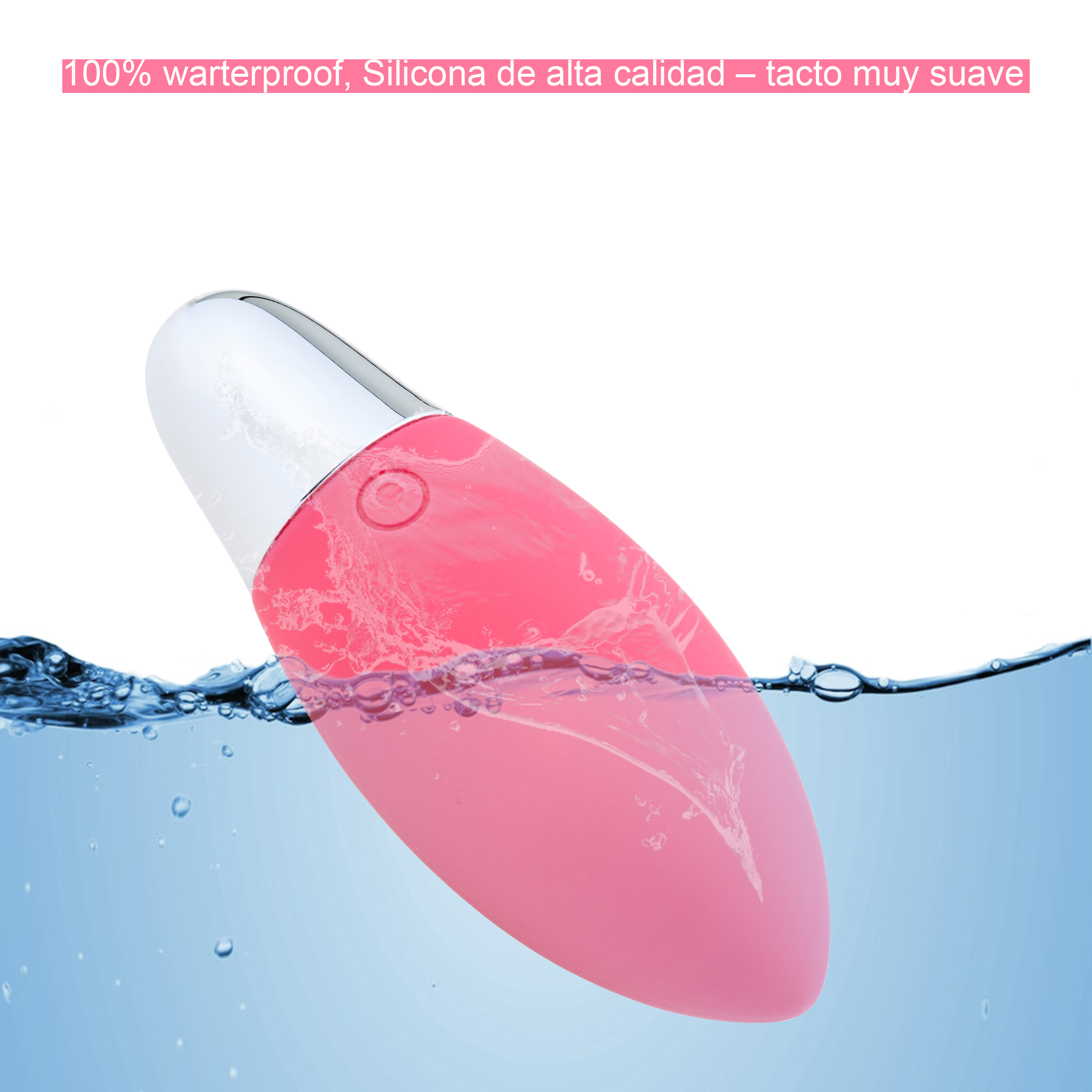 Juguete sexual rosa sumergido en agua. Texto: 100% impermeable, silicona de alta calidad, tacto muy suave.