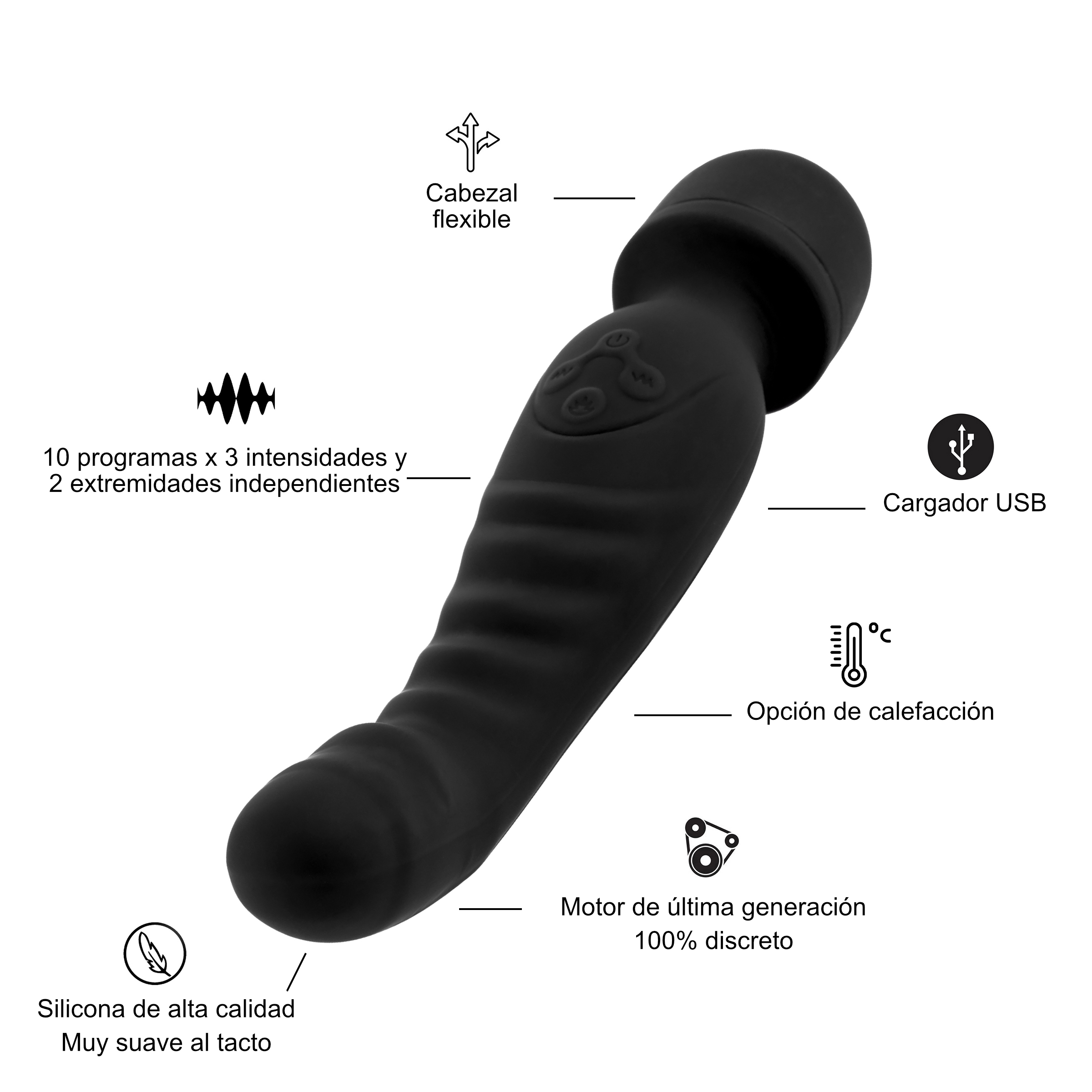Juguete sexual negro con múltiples configuraciones.