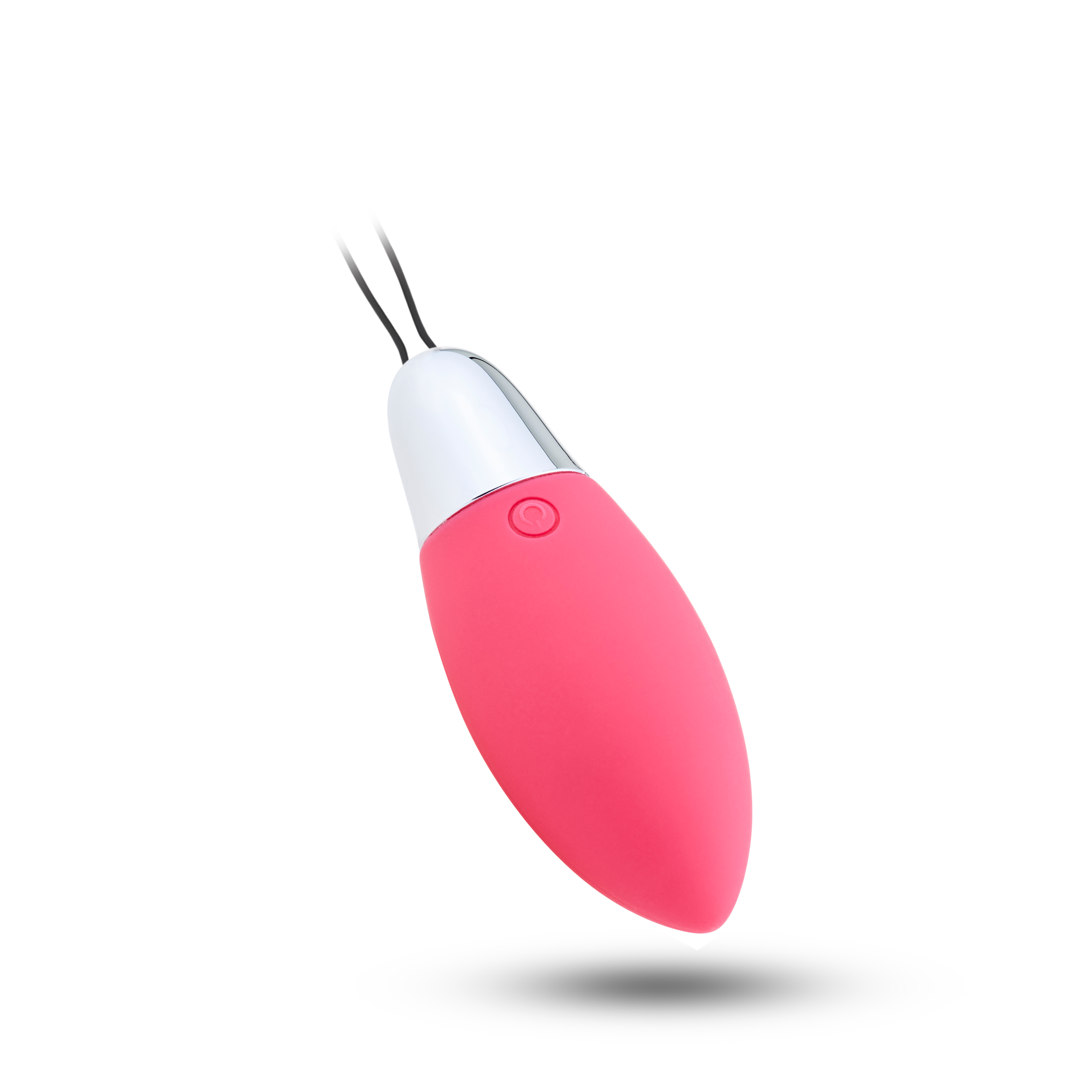 Un vibrador rosa con una parte superior plateada y un cable negro, tiene forma ovalada.