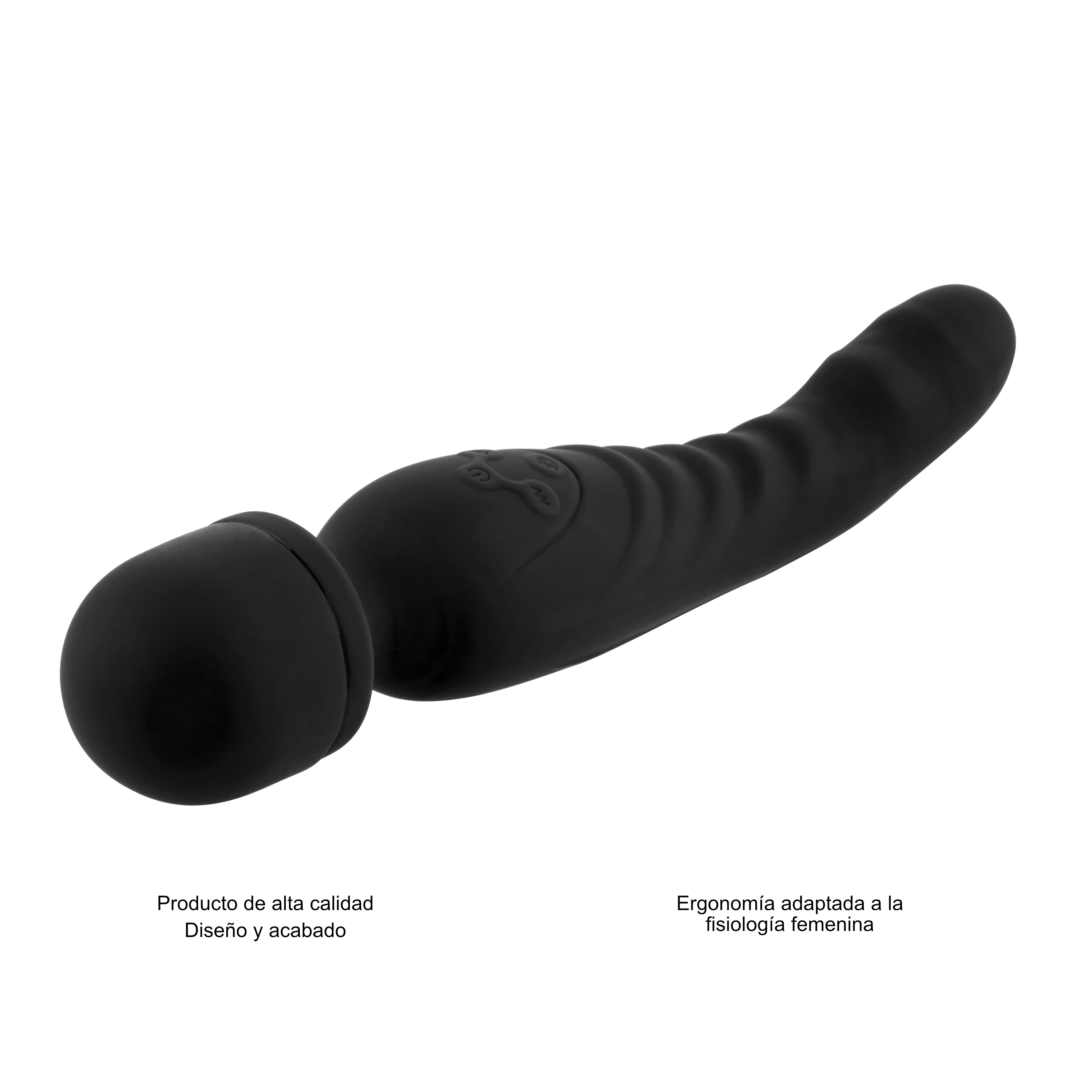 Un vibrador negro con un extremo redondeado, y una etiqueta que dice "Ergonomía adaptada a la fisiología femenina".