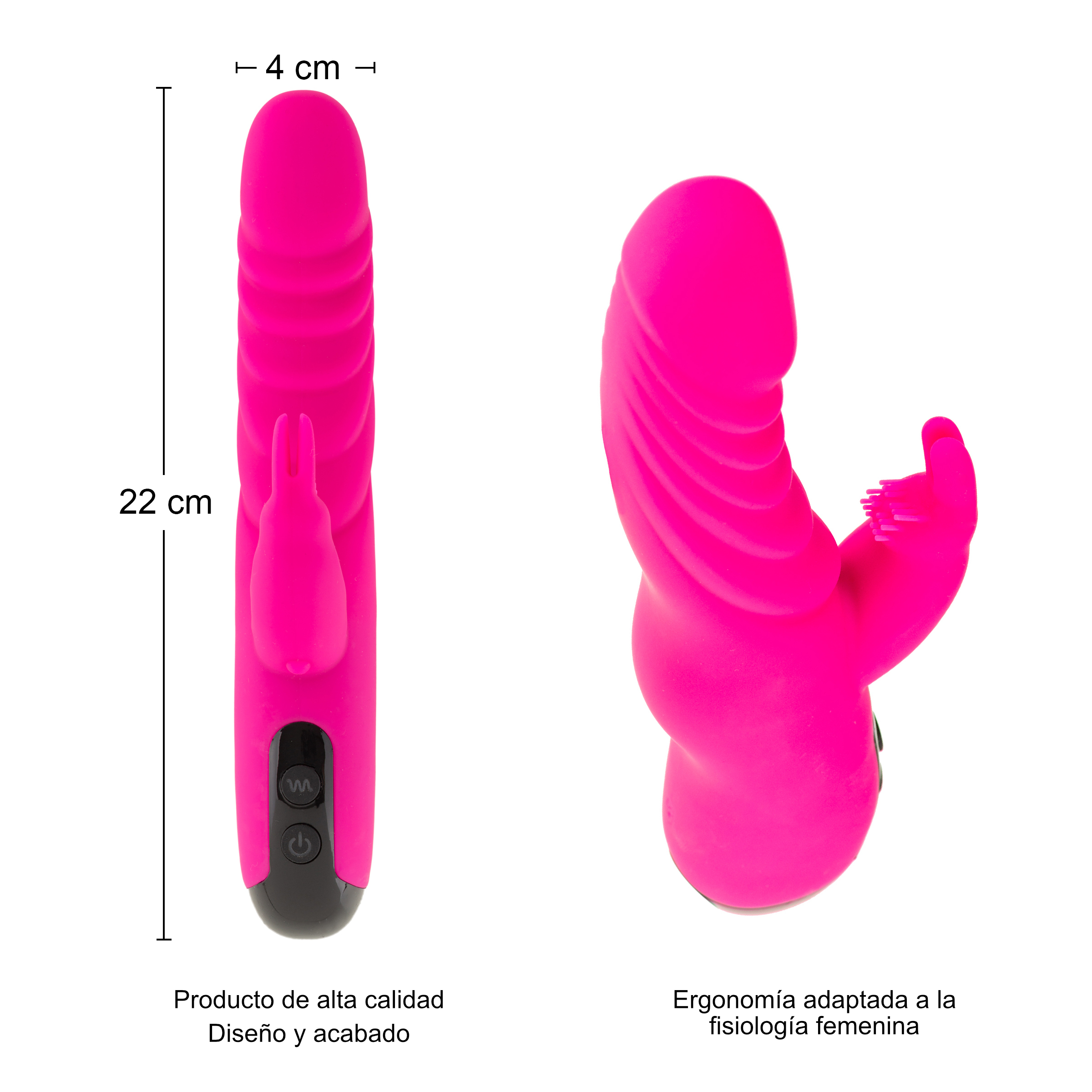 Dos vibradores de conejo rosa, con dimensiones en cm. El izquierdo muestra la longitud 22 cm, el derecho 4 cm.