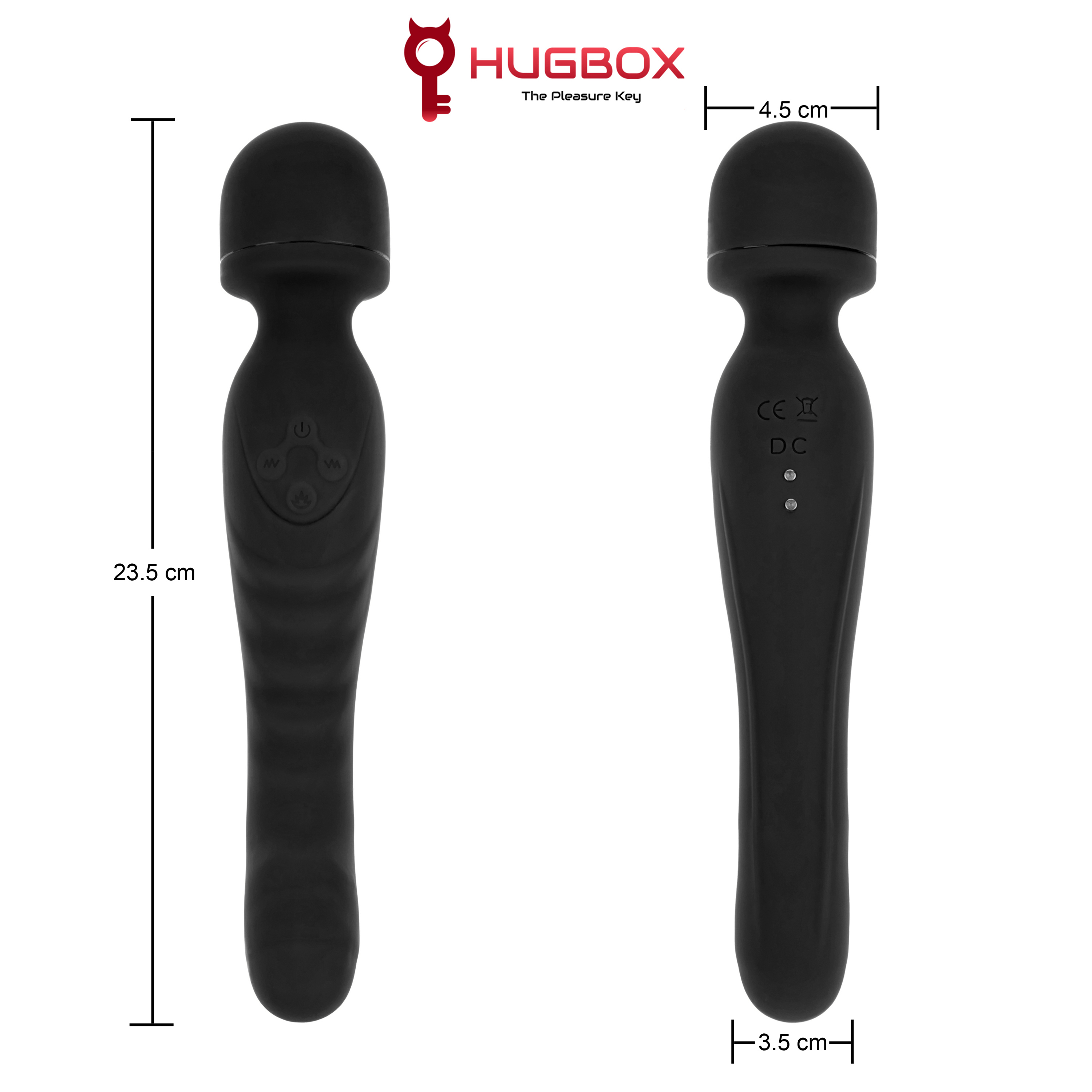 Dos vibradores negros con dimensiones en cm, uno de 23,5 cm y 4,5 cm, el otro de 3,5 cm.