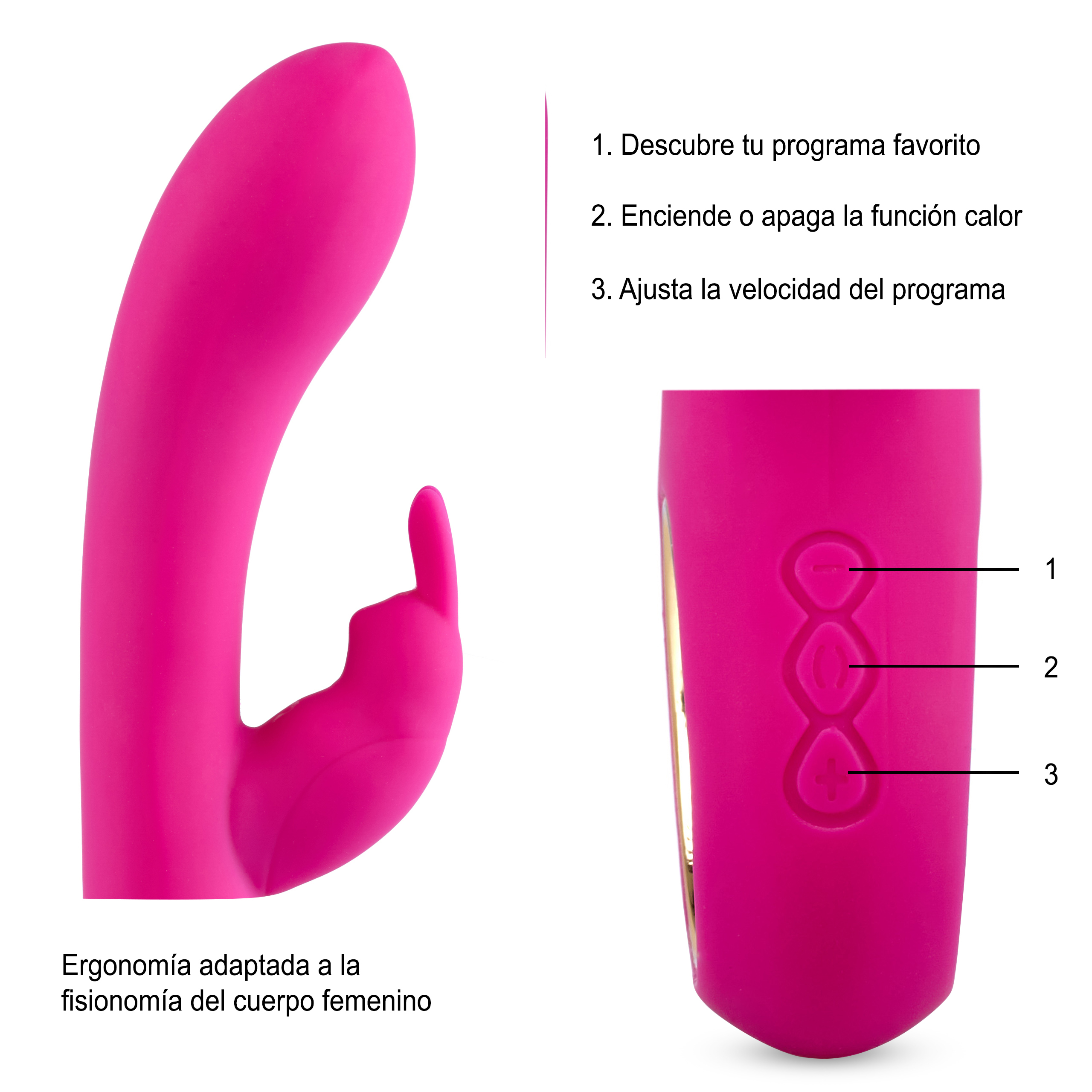 Juguete sexual rosa con botones de control. Texto y diagrama lateral. Fondo blanco.