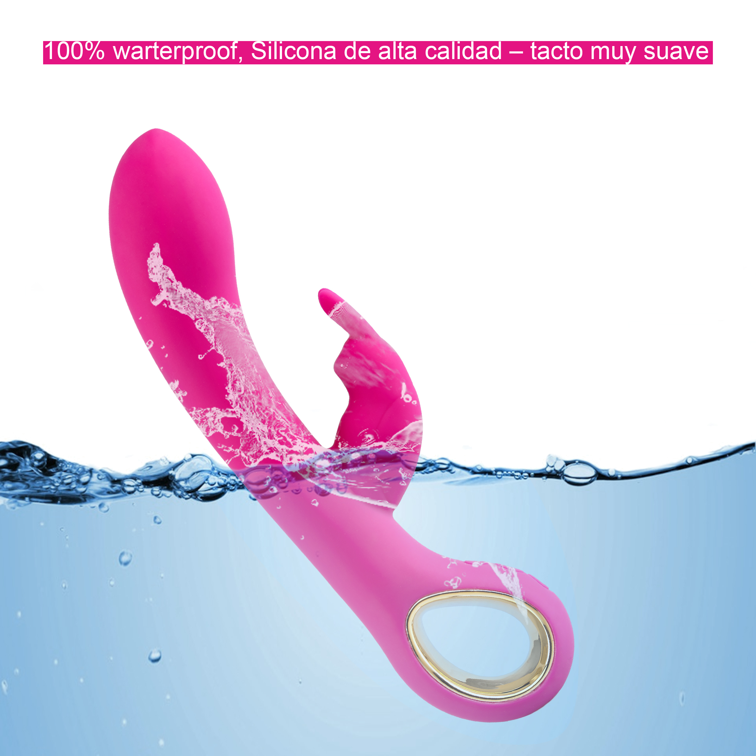 Juguete sexual rosa sumergido en agua. Burbujas flotantes. Texto arriba.
